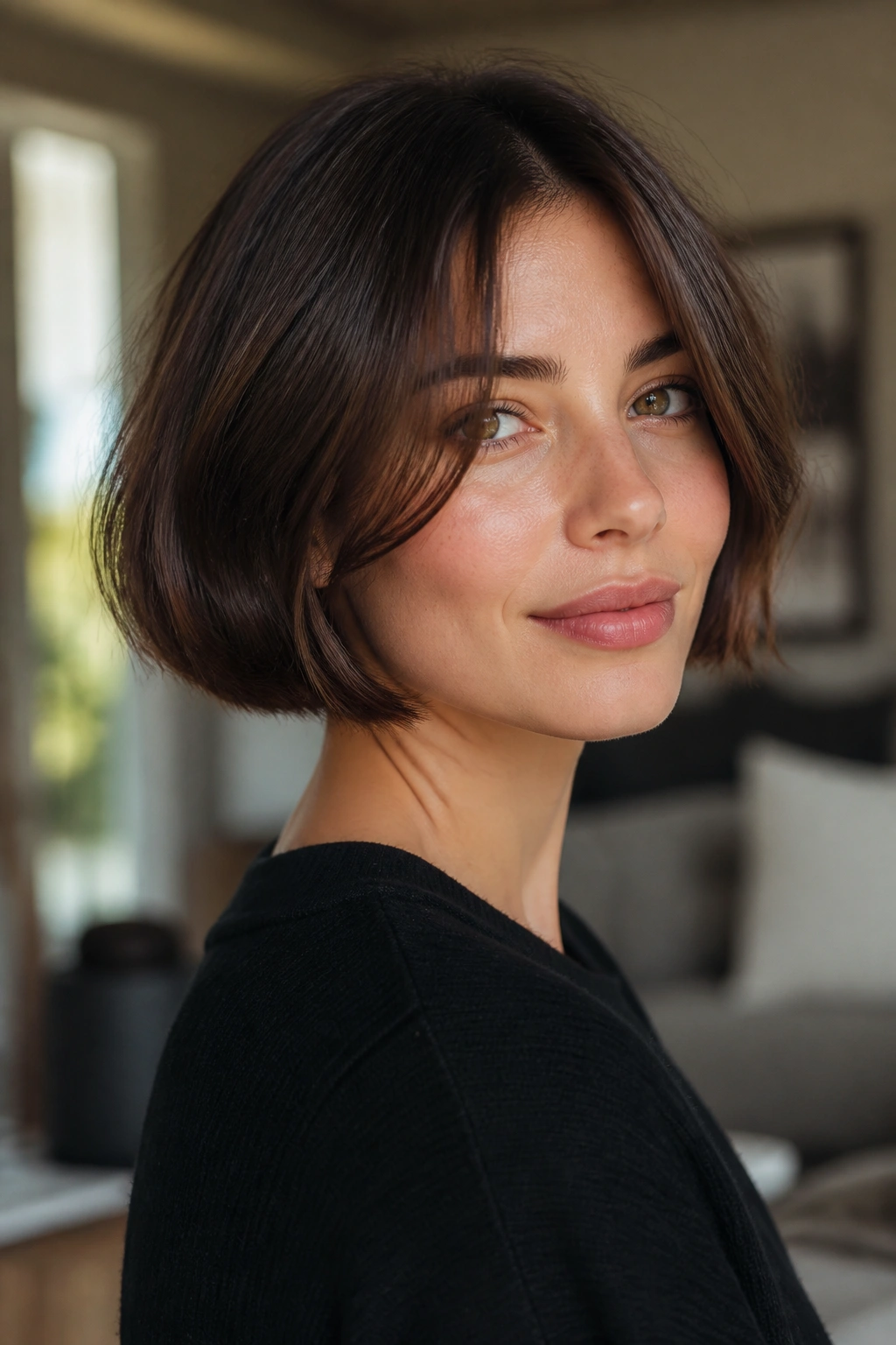 Close-up of a real woman with a chin-length French bob with soft ends and a subtle jaw bend