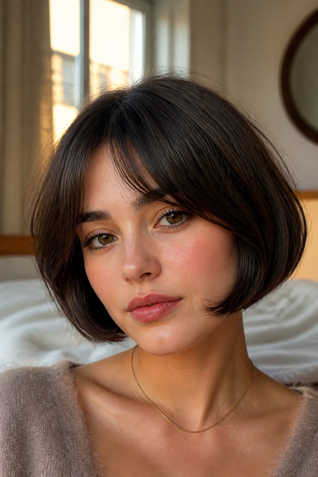 Close-up portrait of real person with chin-length French bob and soft ends