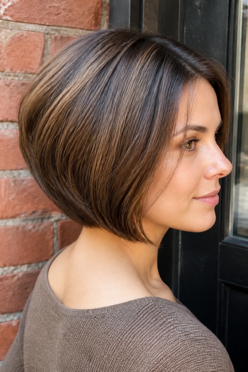 Close-up of a real woman with a chin-length bob and soft stacking.