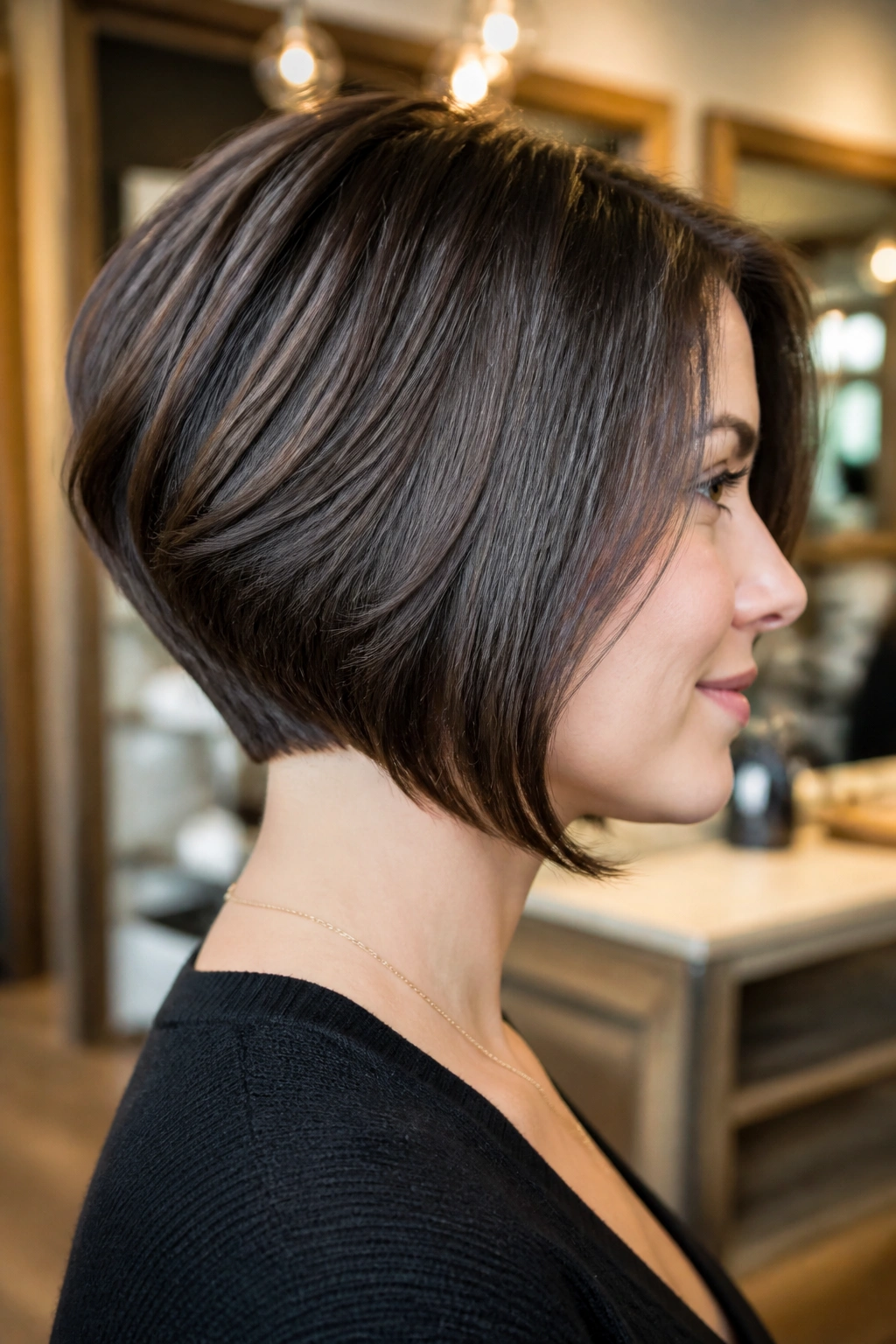Close-up portrait of a real woman with chin-length stacked bob and tapered nape in warm salon lighting