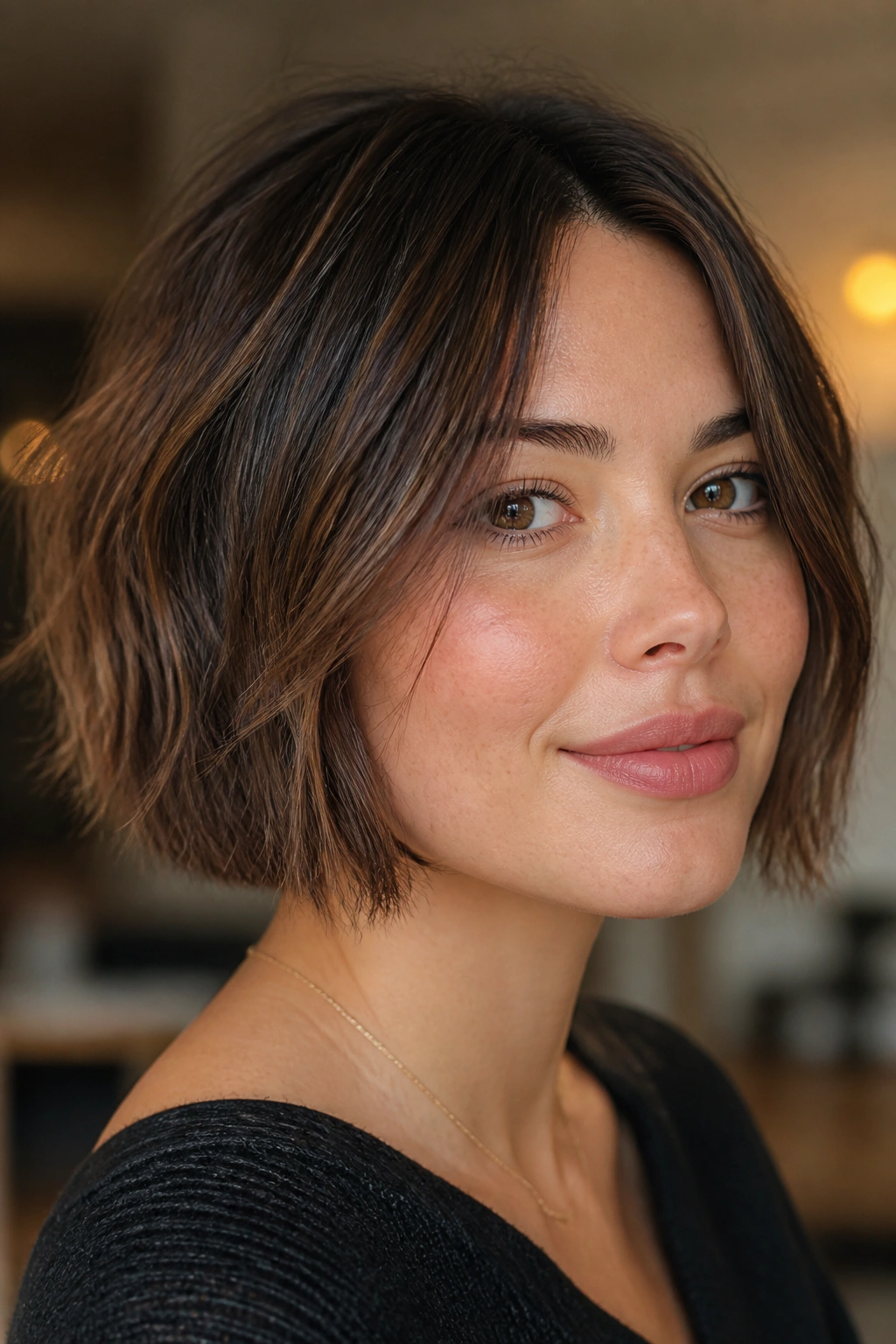 Close-up portrait of a person with a textured chin-length bob