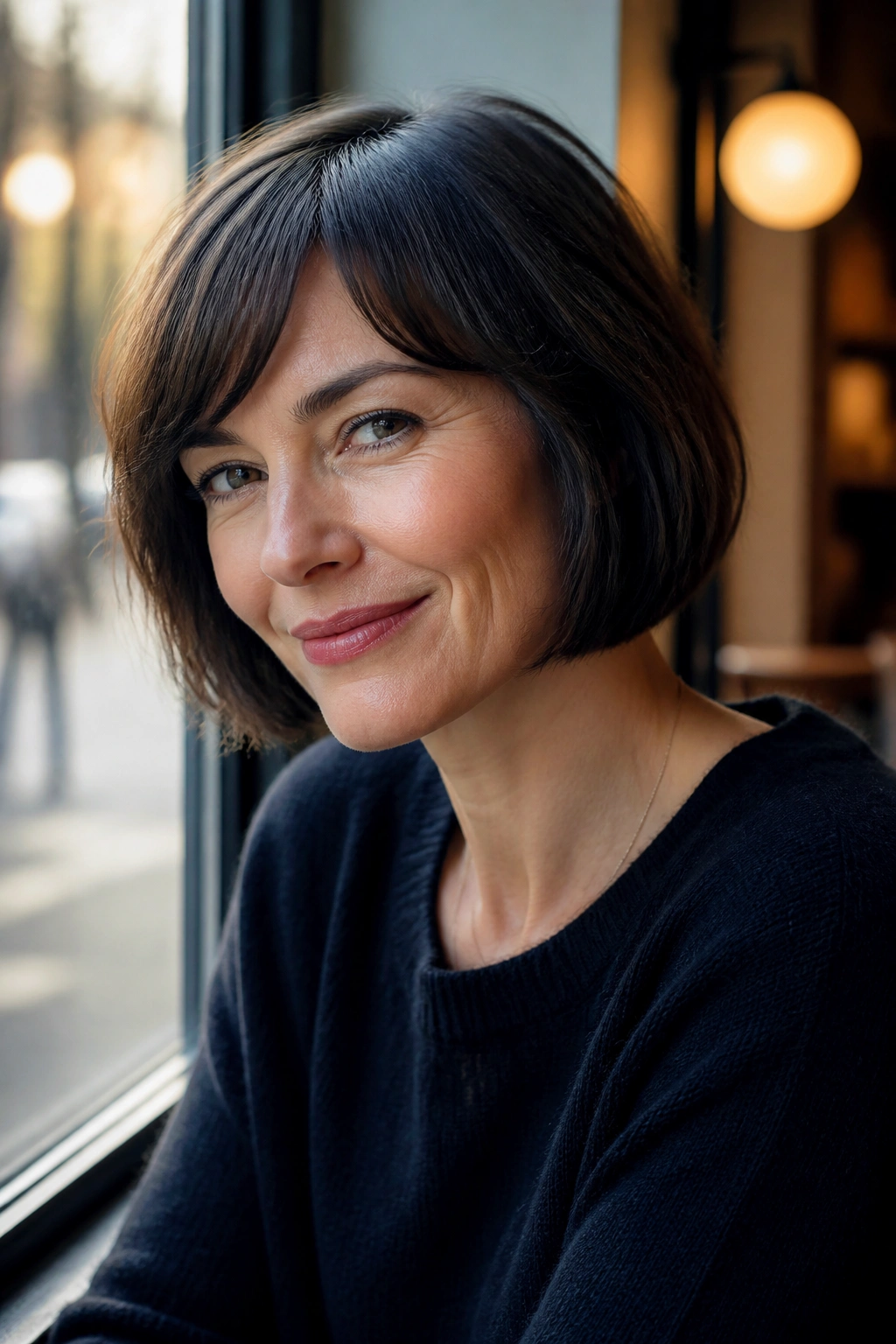 Close-up of a real woman with a chin-length French bob in cafe light