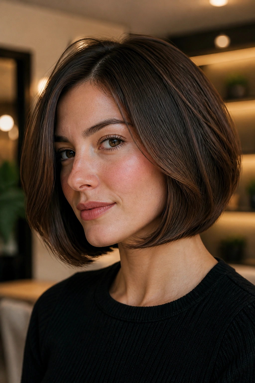 Close-up of a real woman with chin-length bob on thick hair
