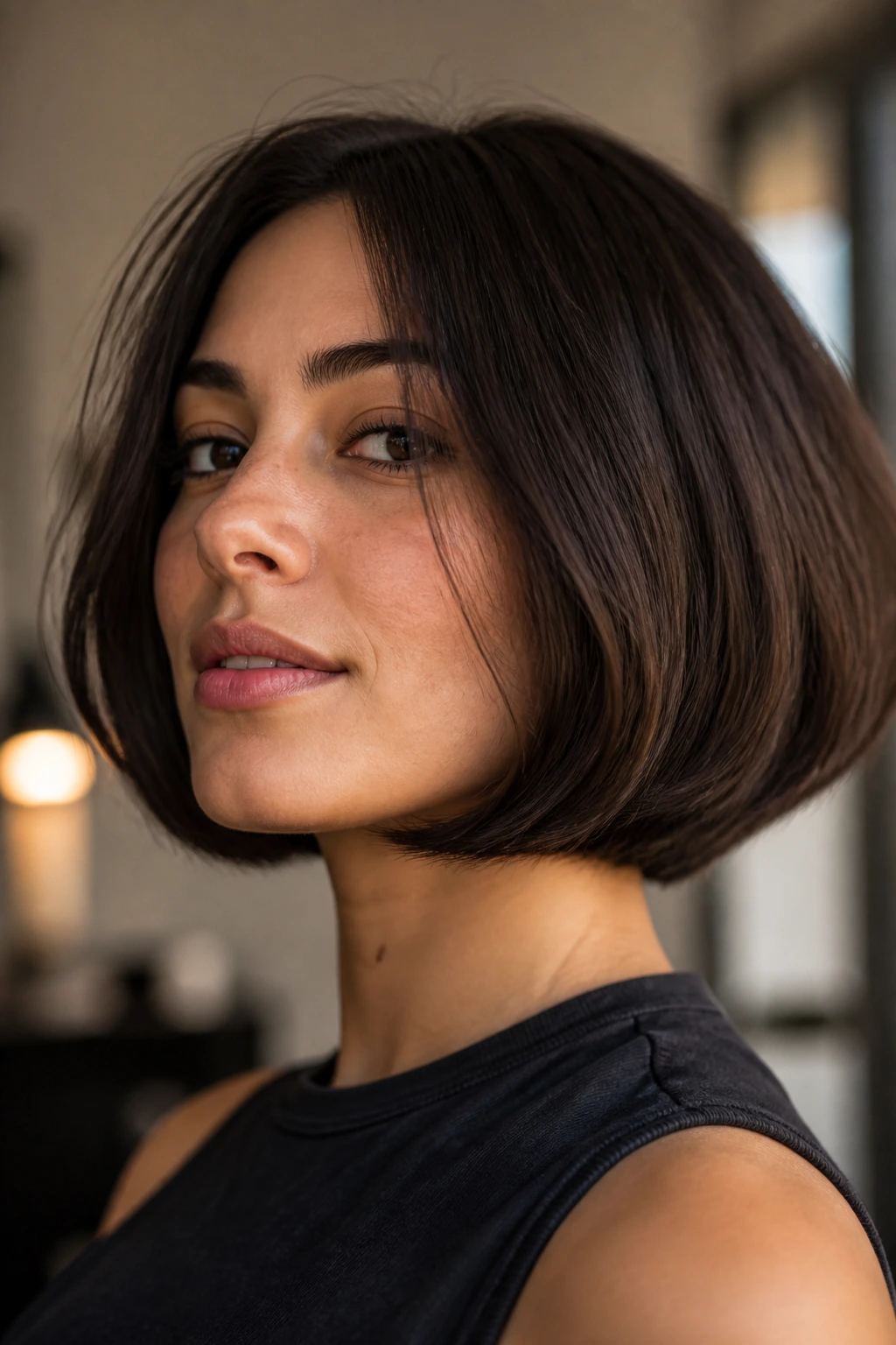 Close-up portrait of a real woman with a jaw-length chin-length bob and soft layered ends.