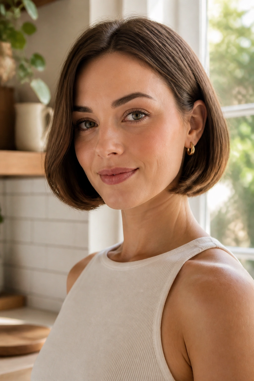 Close-up of a real woman with a chin-length bob and tucked ends.