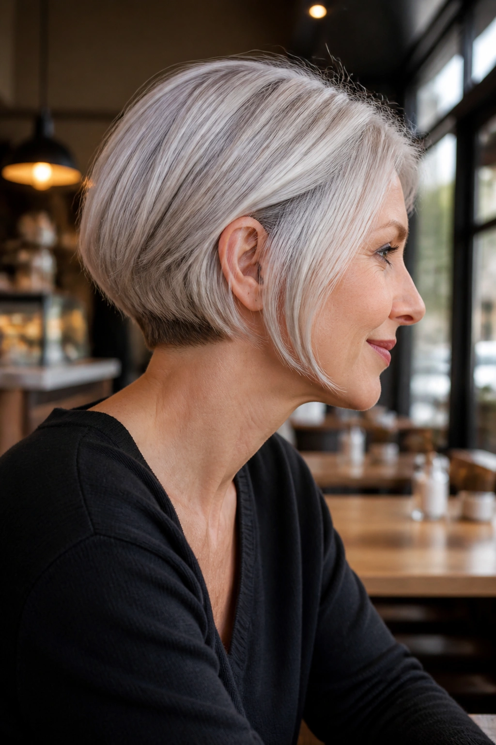 Side-profile portrait of a real woman with chin-length bob and peekaboo undercut