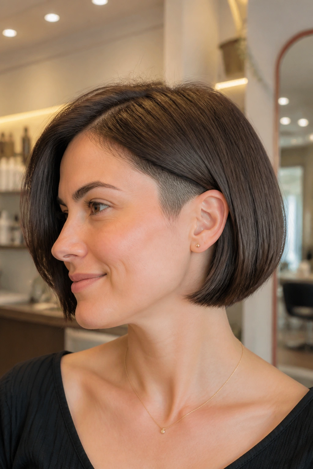 Head-and-shoulders portrait of a real woman with a chin-length bob and subtle undercut