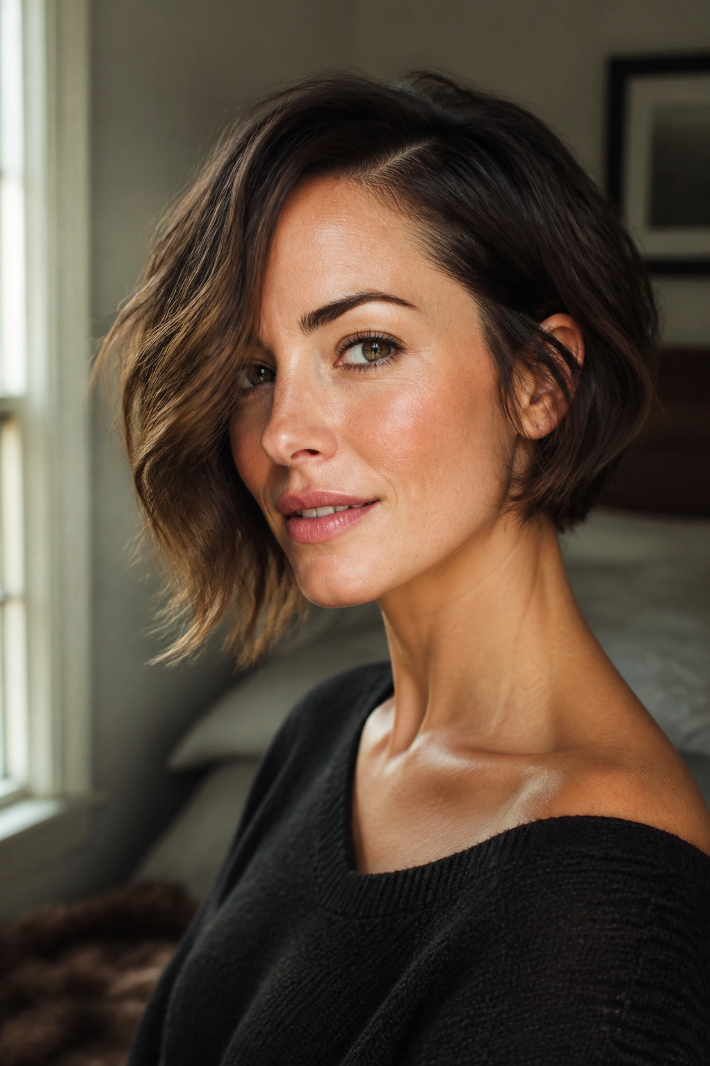 Close-up of a real woman with a chin-length asymmetrical bob and deep side part displaying diagonal face-framing lines