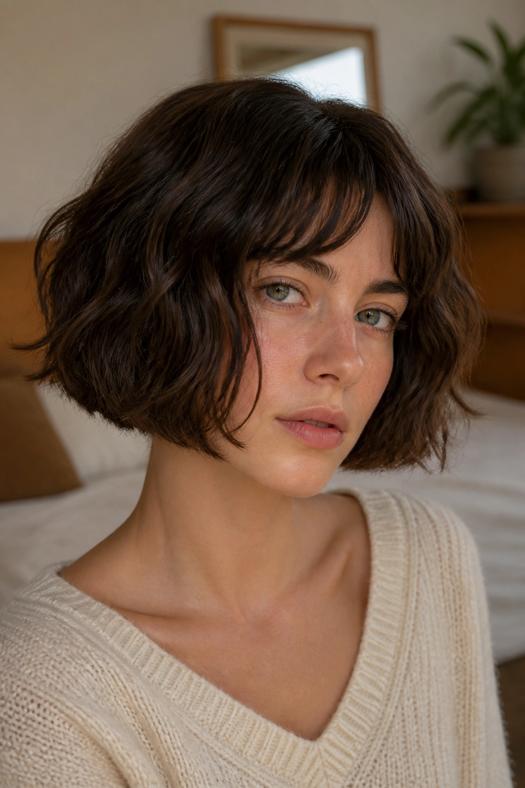 Close-up portrait of a woman with a chin-length blunt French bob for wavy hair in soft window light