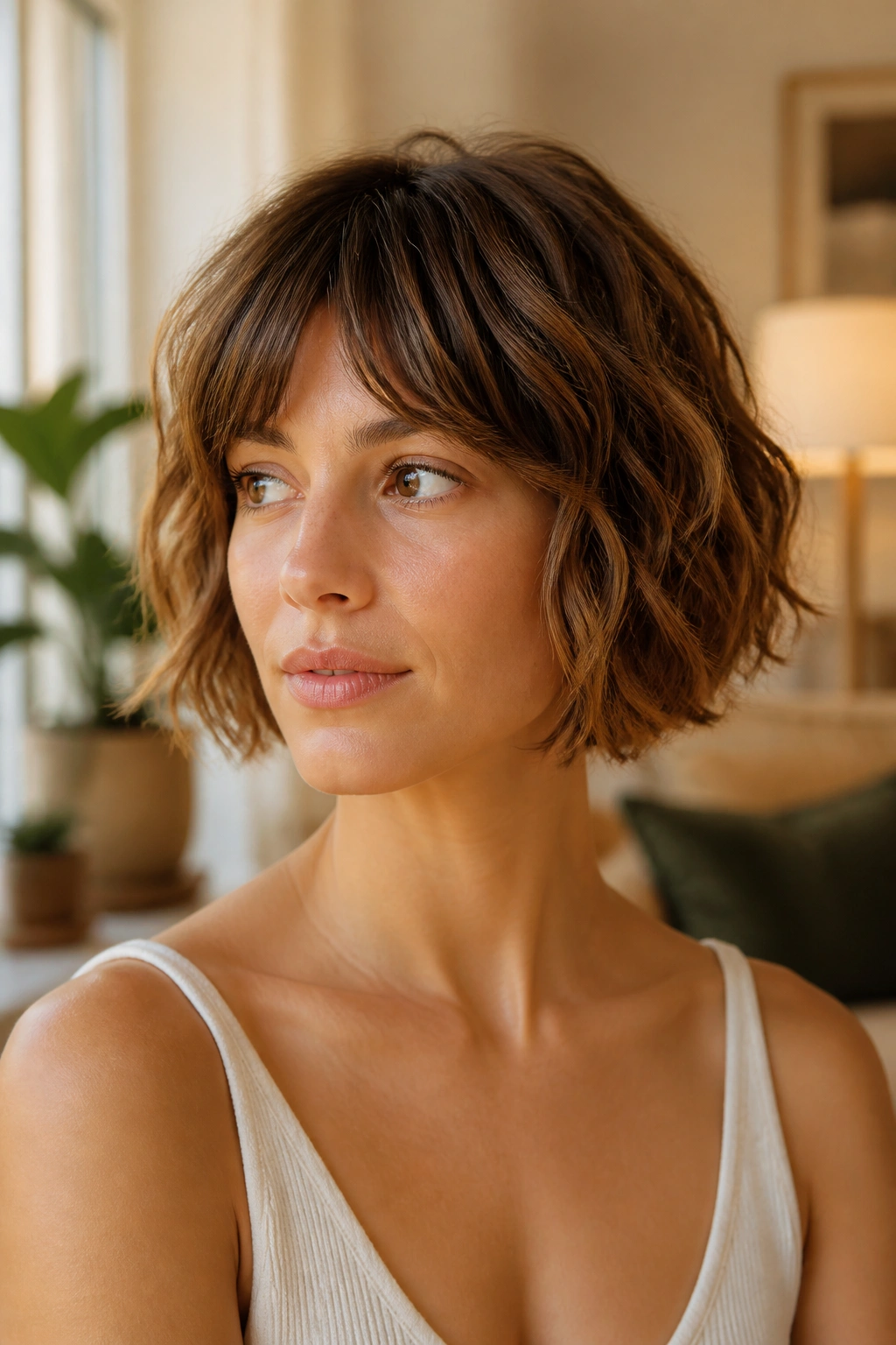 Close-up portrait of a real woman with a chin-length textured bob and visible waves in warm window light