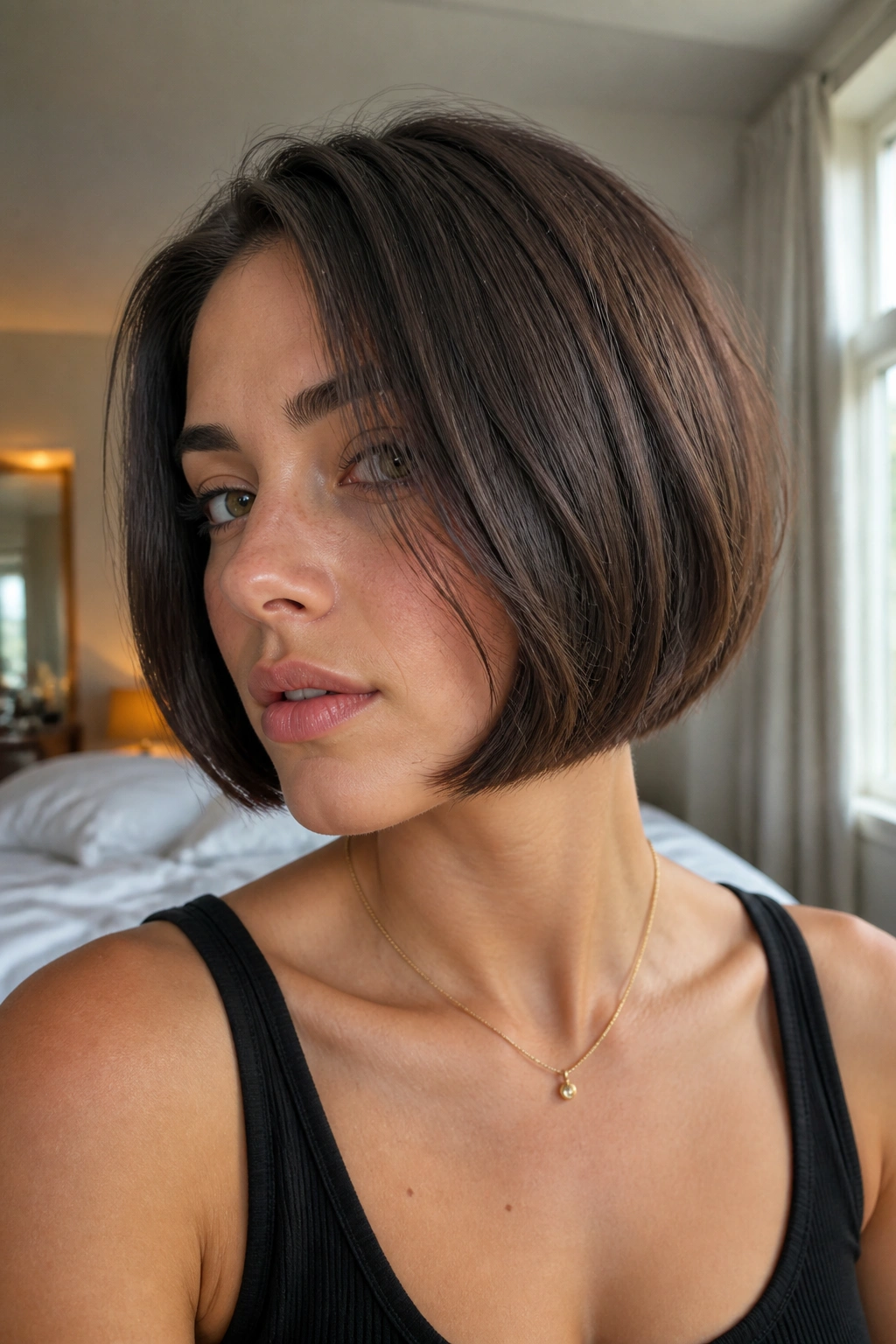 Close-up of a real woman with a chin-length bob and hidden weight removal in soft lighting.