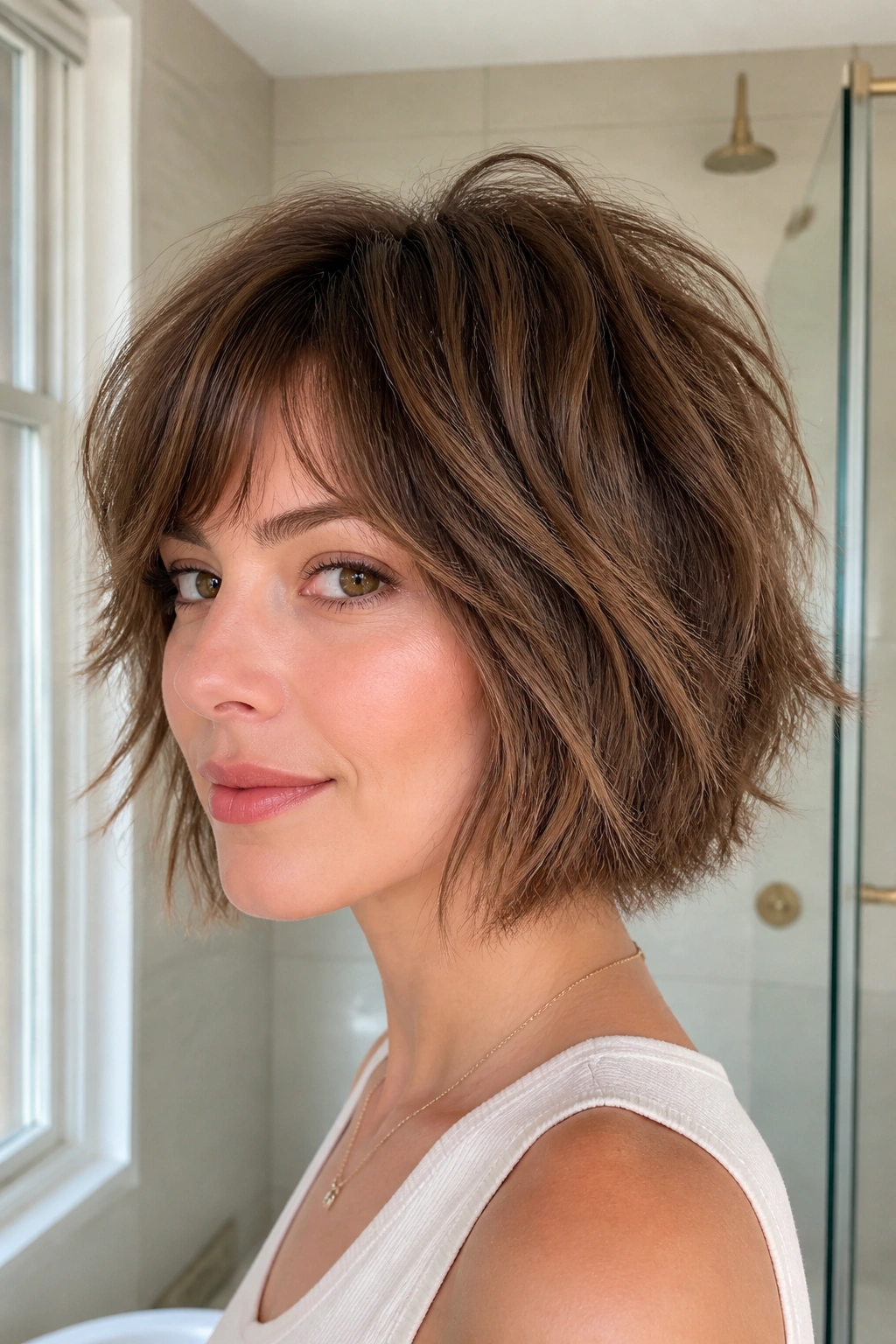 Portrait of a woman with chin-length shag lifting the crown in natural light