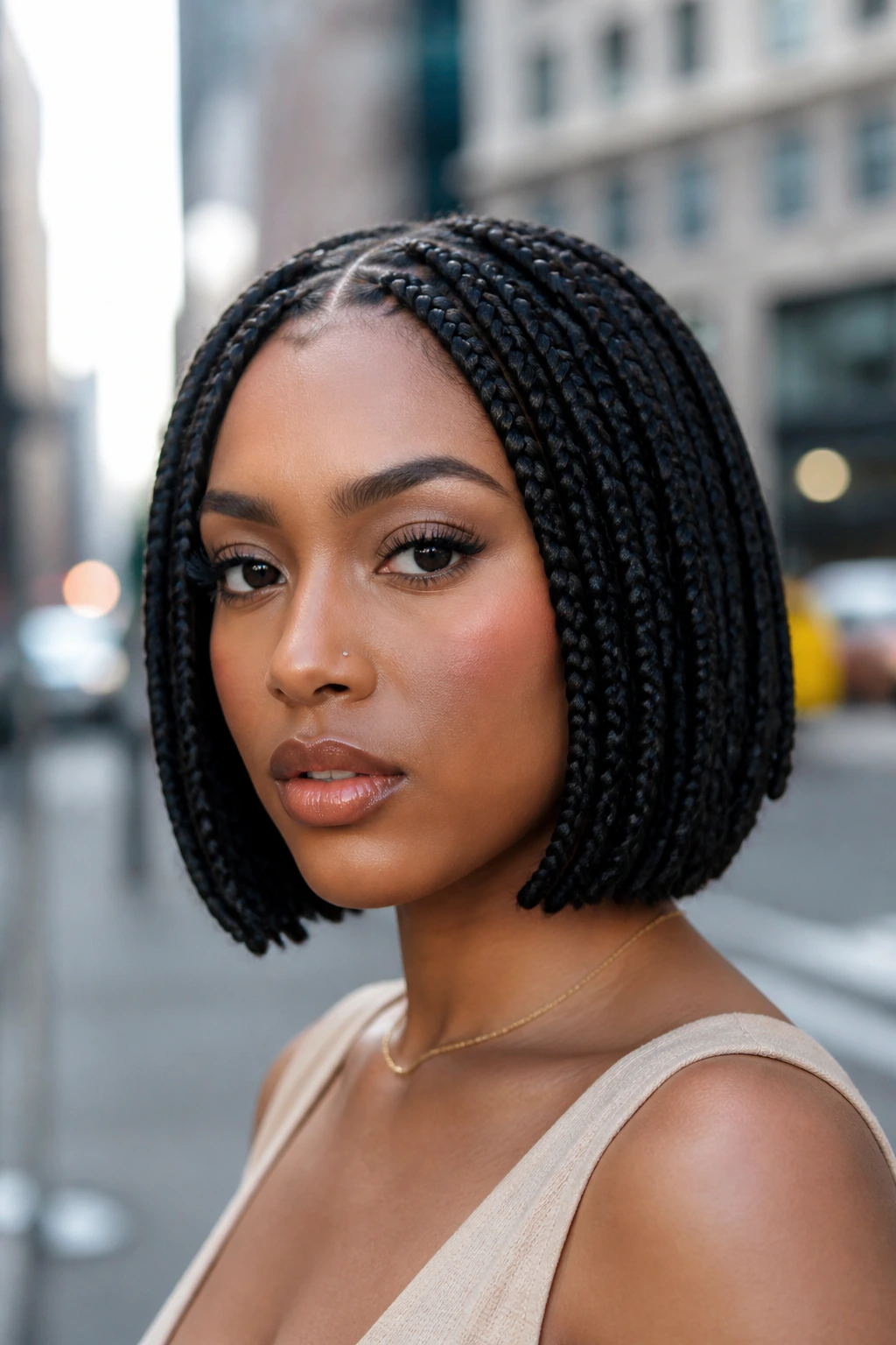 Real woman with chin-length box braid bob in urban daylight