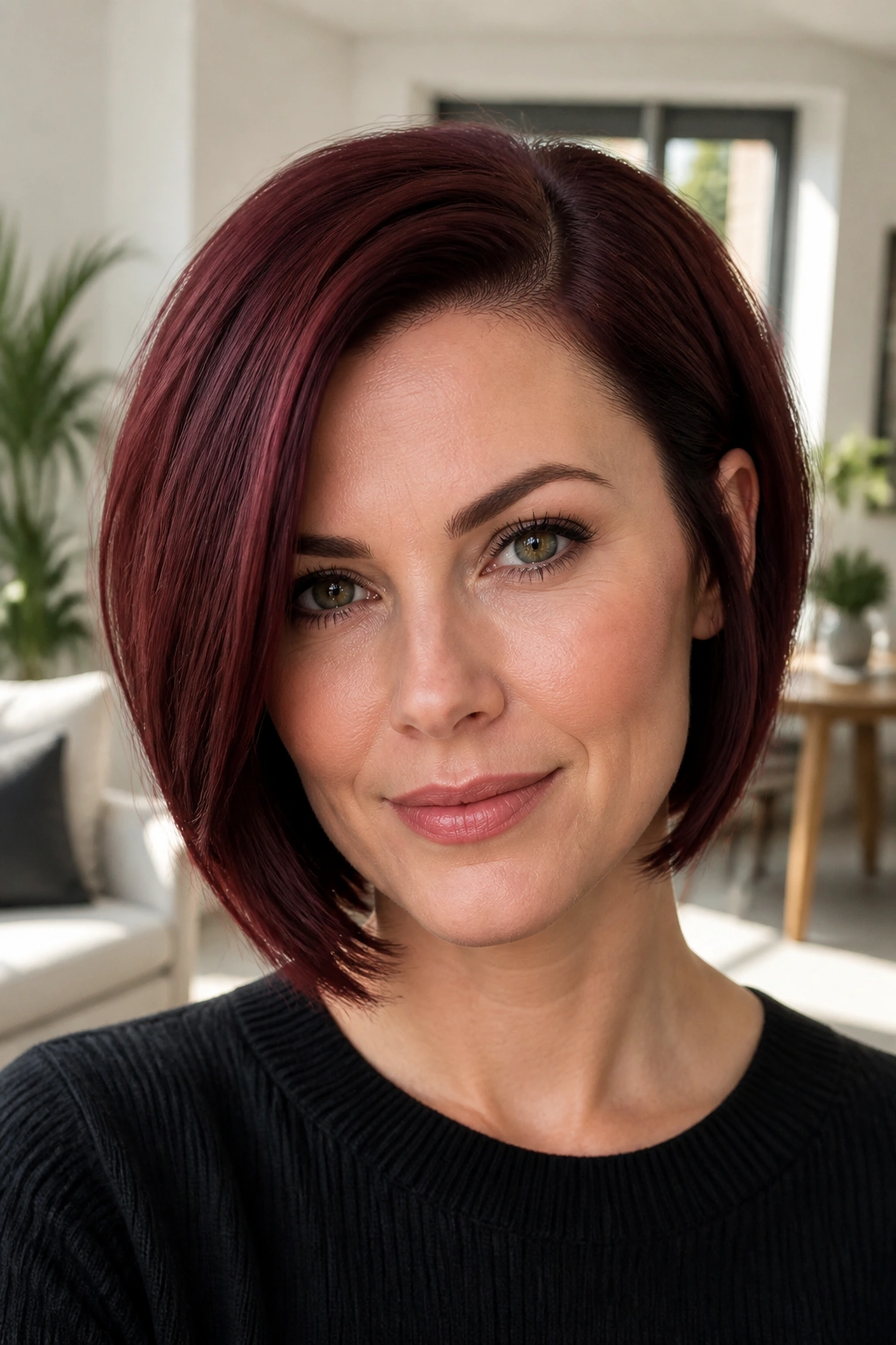 Close-up of a real woman with chin-length burgundy bob side part