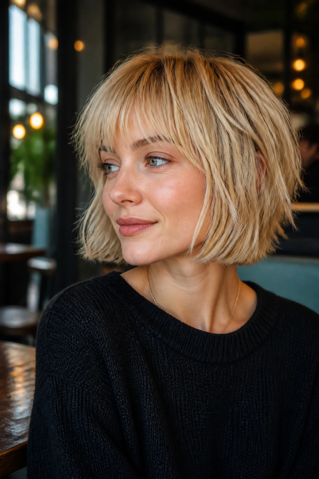 Close-up of a real woman with chin-length choppy blonde shag