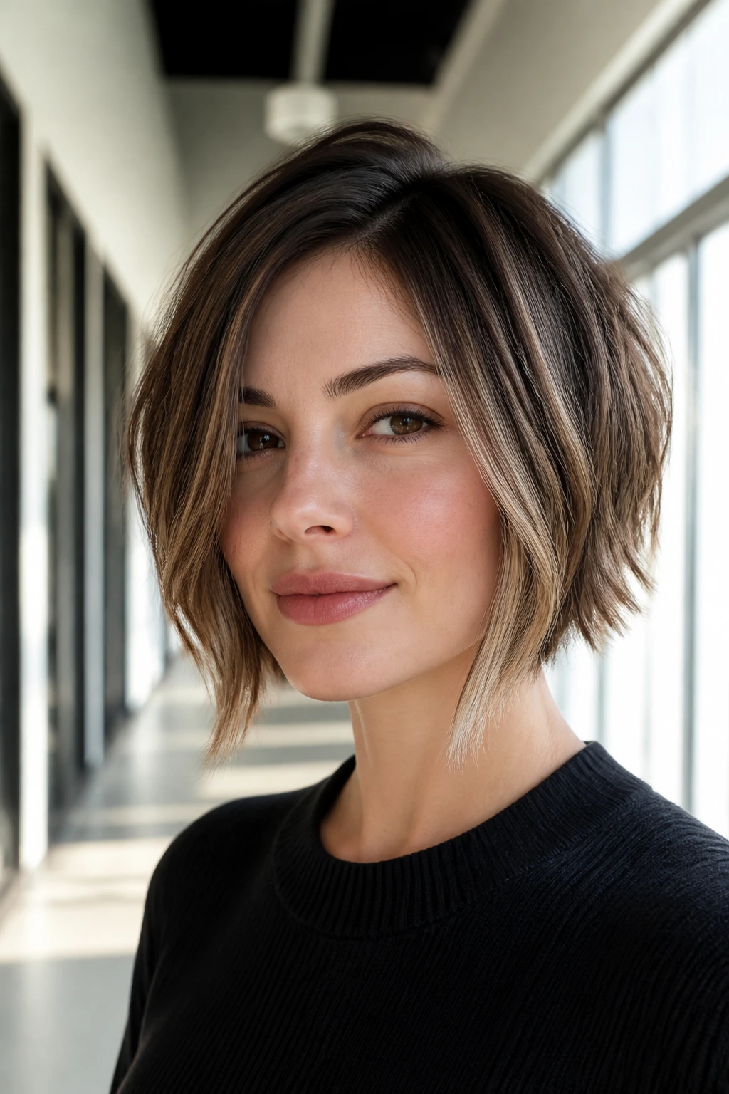 Real person with chin-length choppy bob and long front pieces