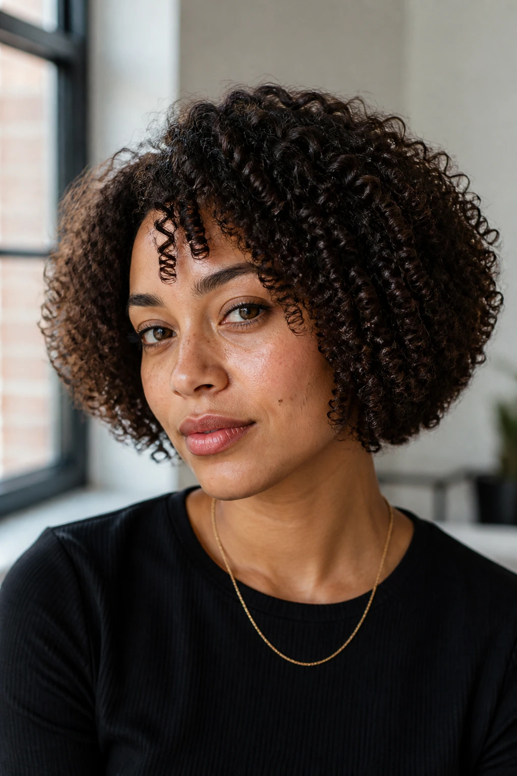 Close-up of a real person with a chin-length coily bob showing a rounded silhouette