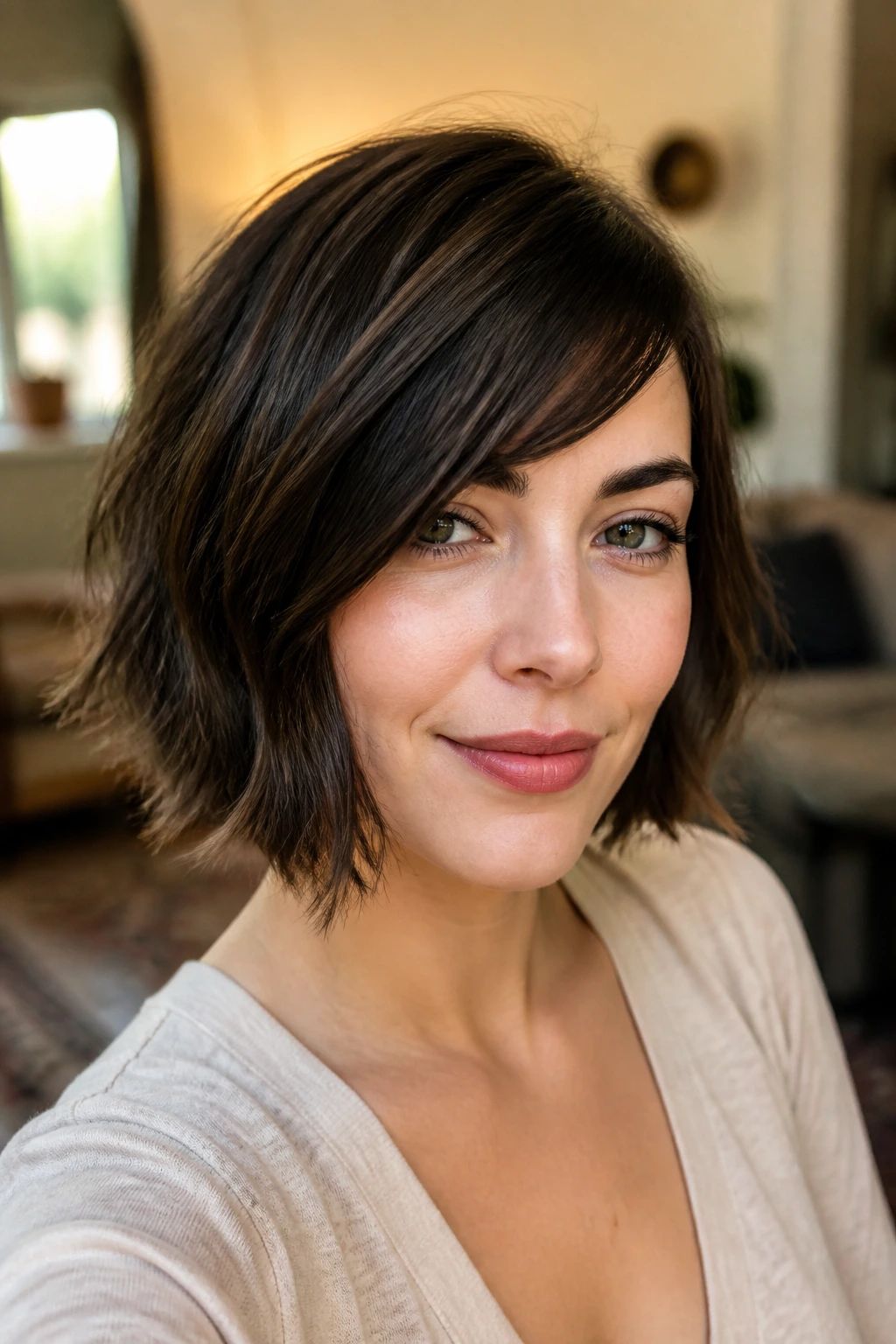 Close-up portrait of a real woman with chin-length crop and angled fringe in a warm living room
