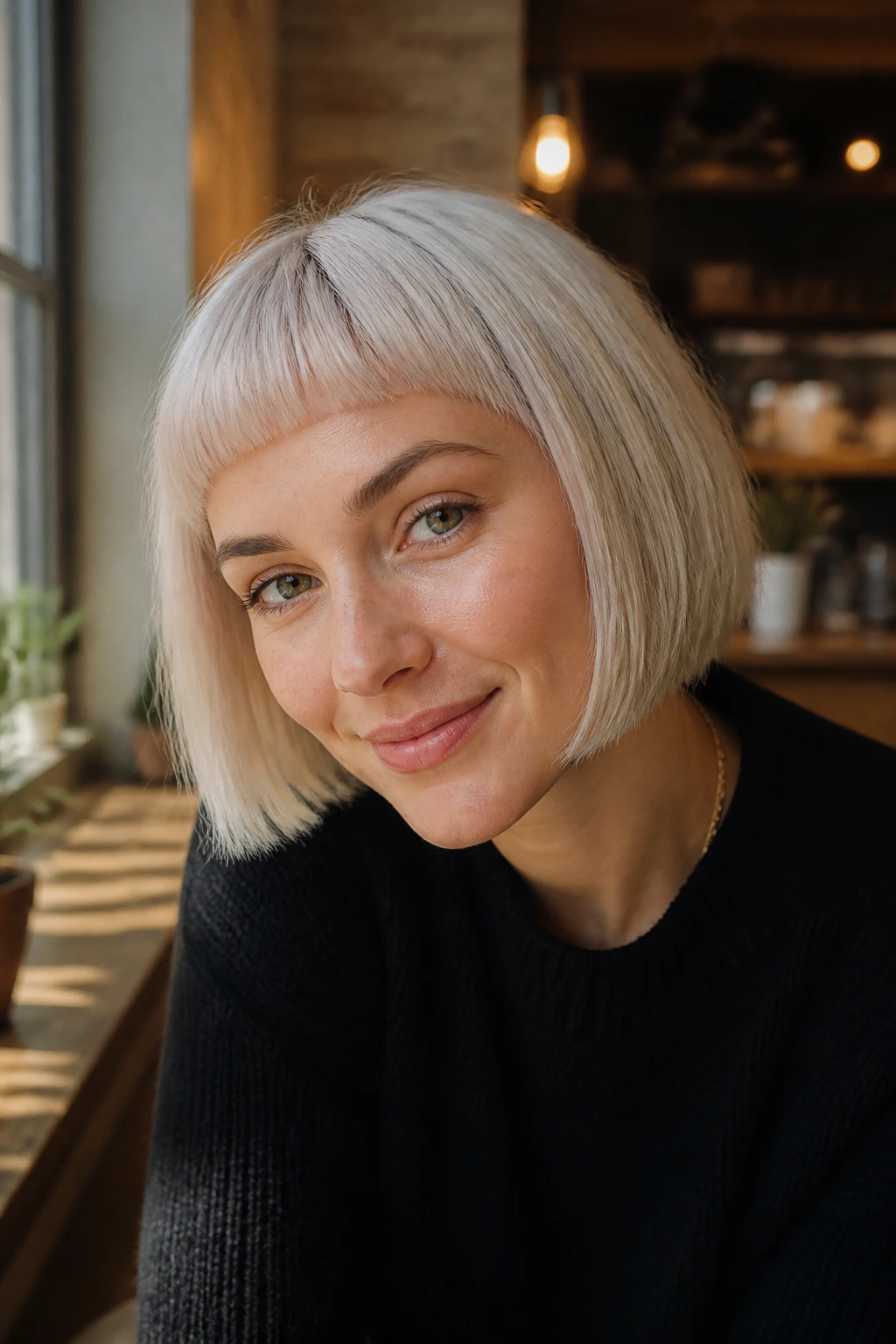 Close-up of a real person with chin-length crop and tiny platinum fringe in a cafe