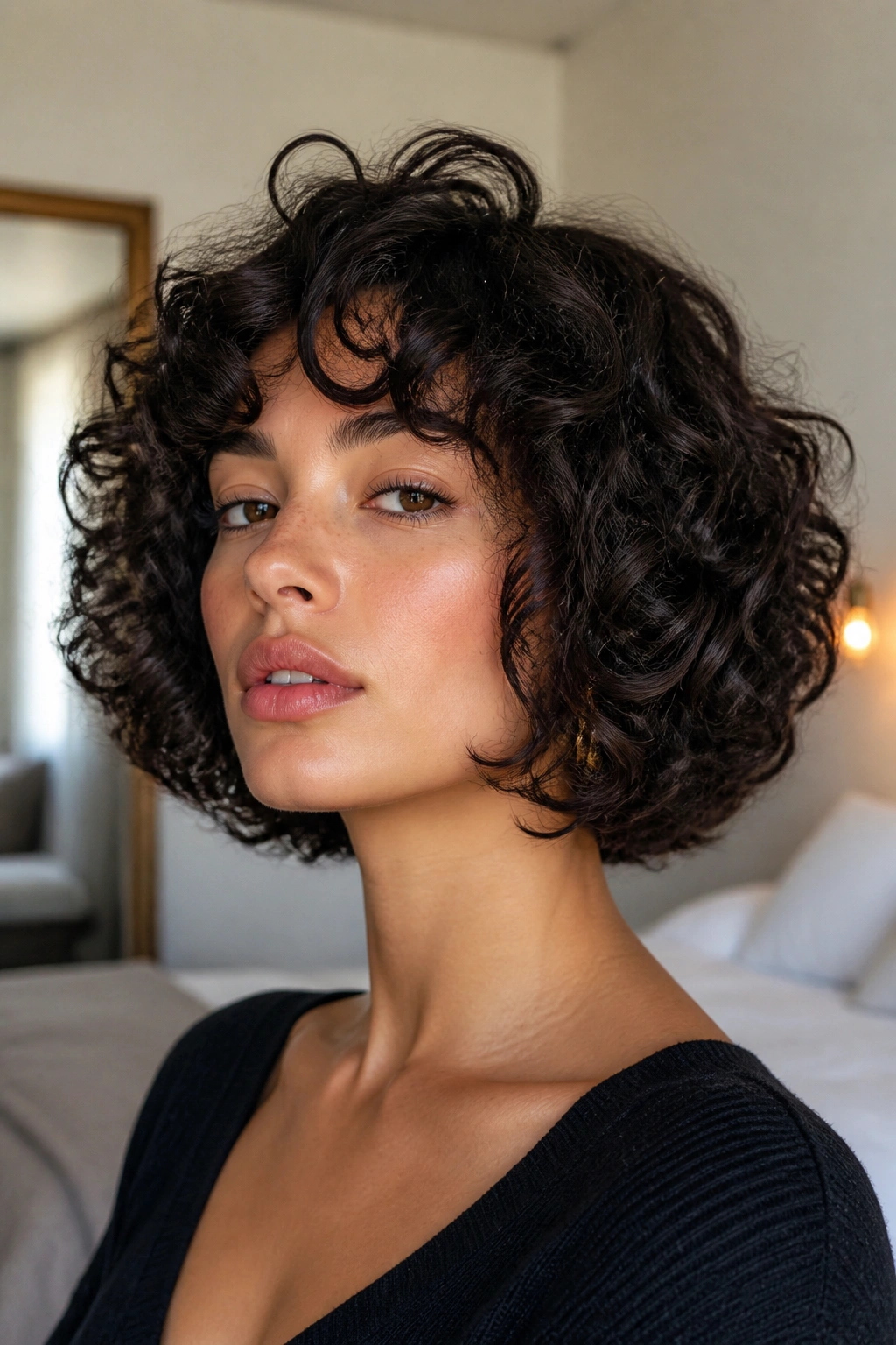 Portrait of a real woman wearing a chin-length curly bob with internal layers.