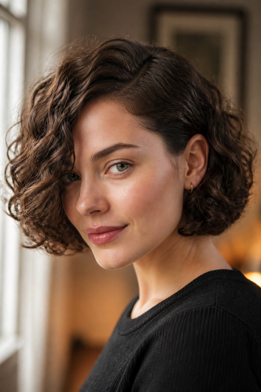Close-up portrait of a woman with a chin-length curly bob and deep side part in soft window light.
