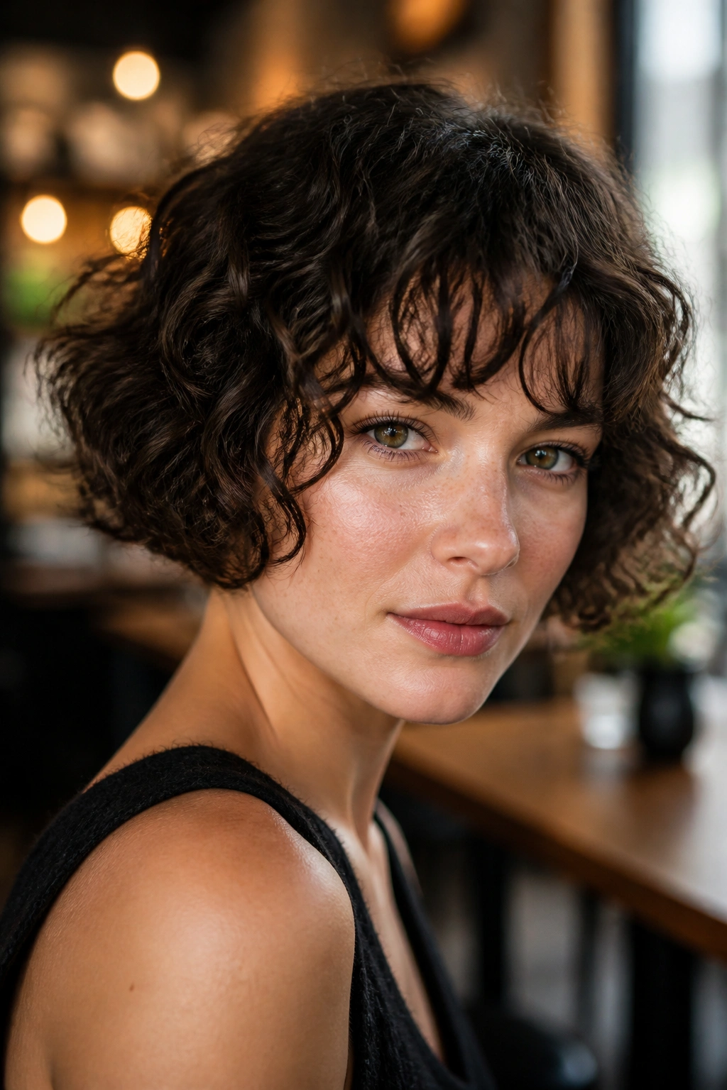 Close-up of a real woman with chin-length curly bob and fringe