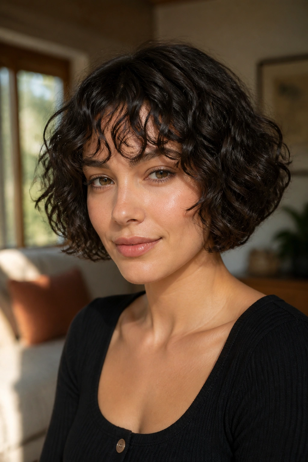 Close-up portrait of a real woman with chin-length curly bob and piecey bangs in warm window light