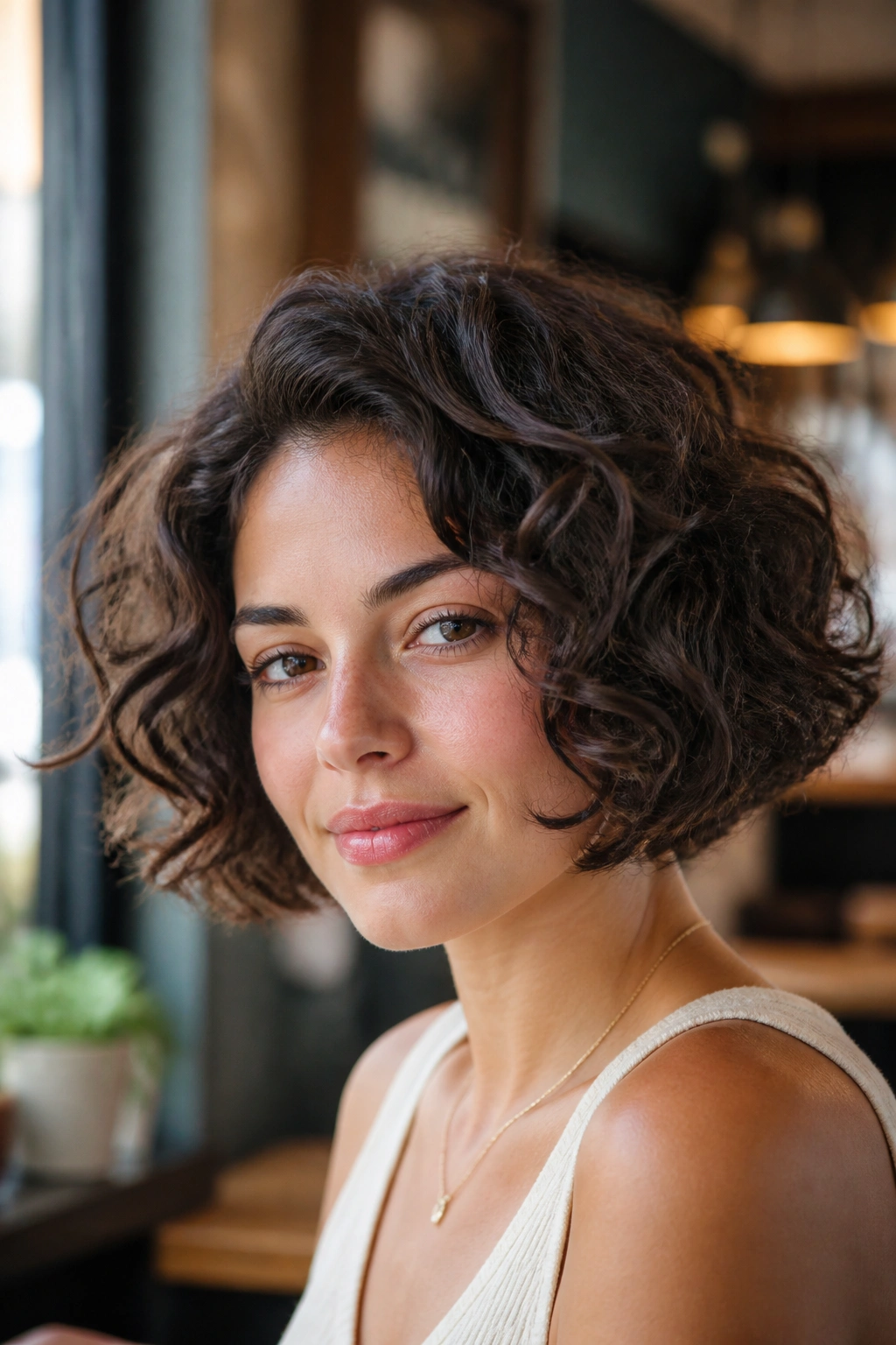 Close-up portrait of real woman with chin-length curly bob in cafe setting