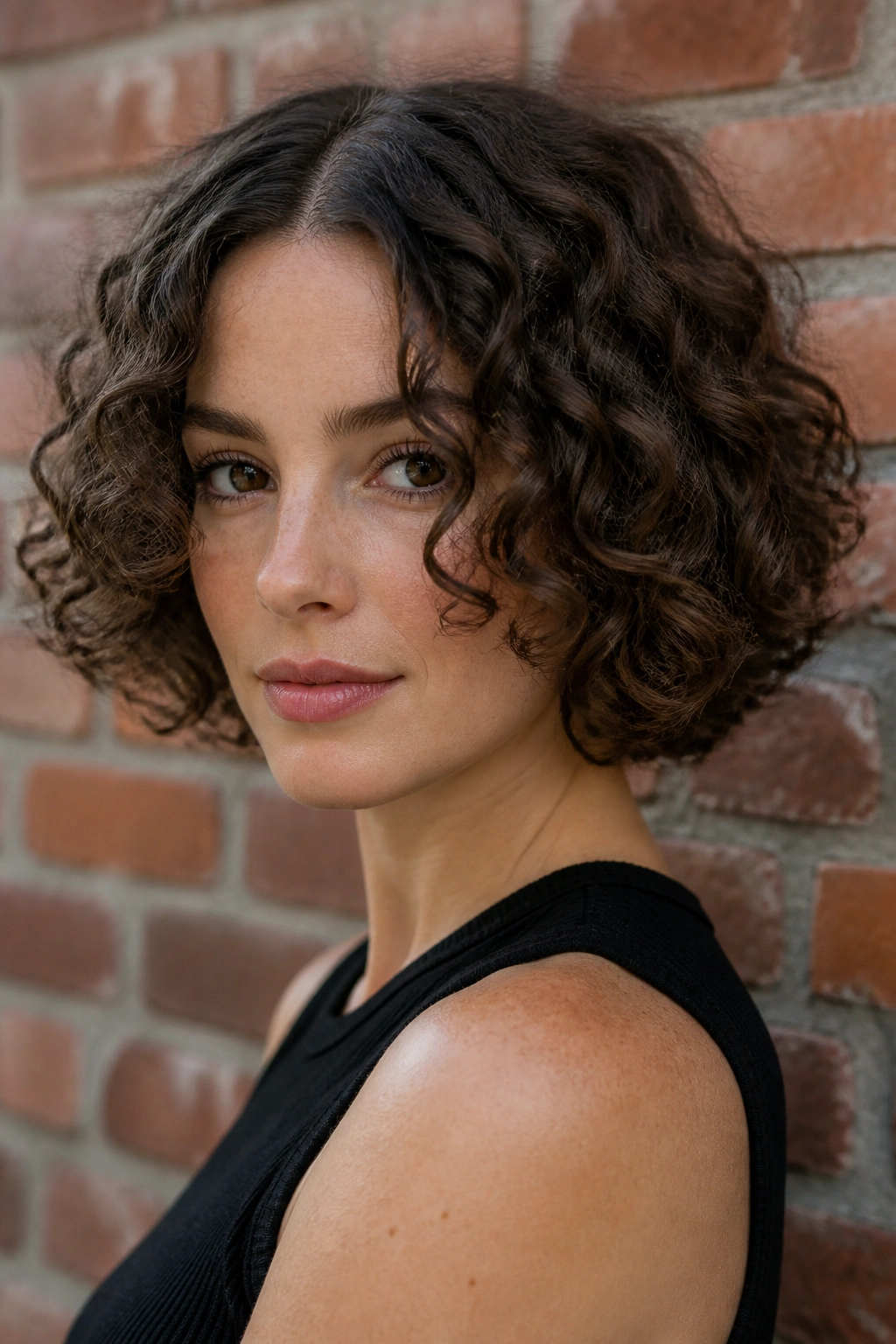 Close-up of a person with chin-length curly bob and defined silhouette.