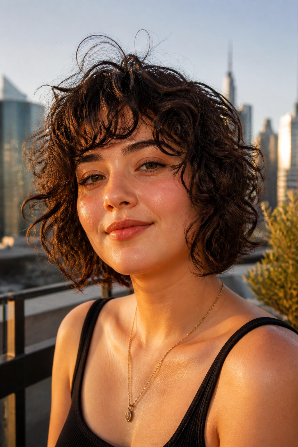 Close-up of a woman with a chin-length curly shag and layered pieces framing the jaw.