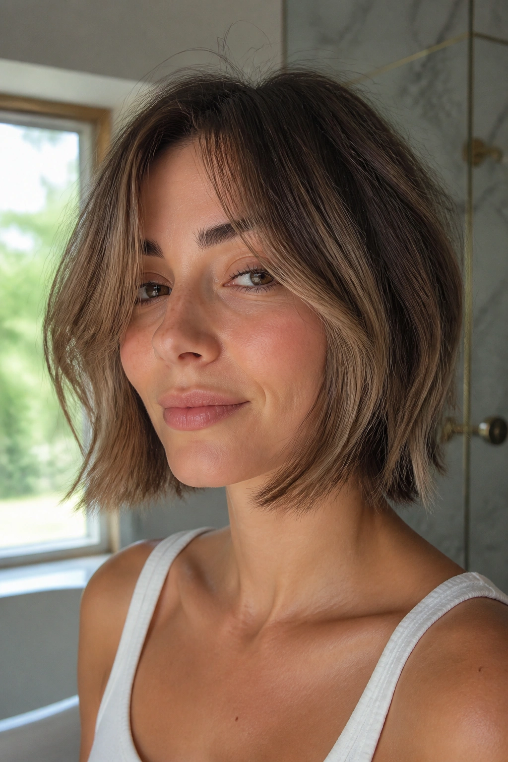 Portrait of a real woman wearing chin-length curtain bangs