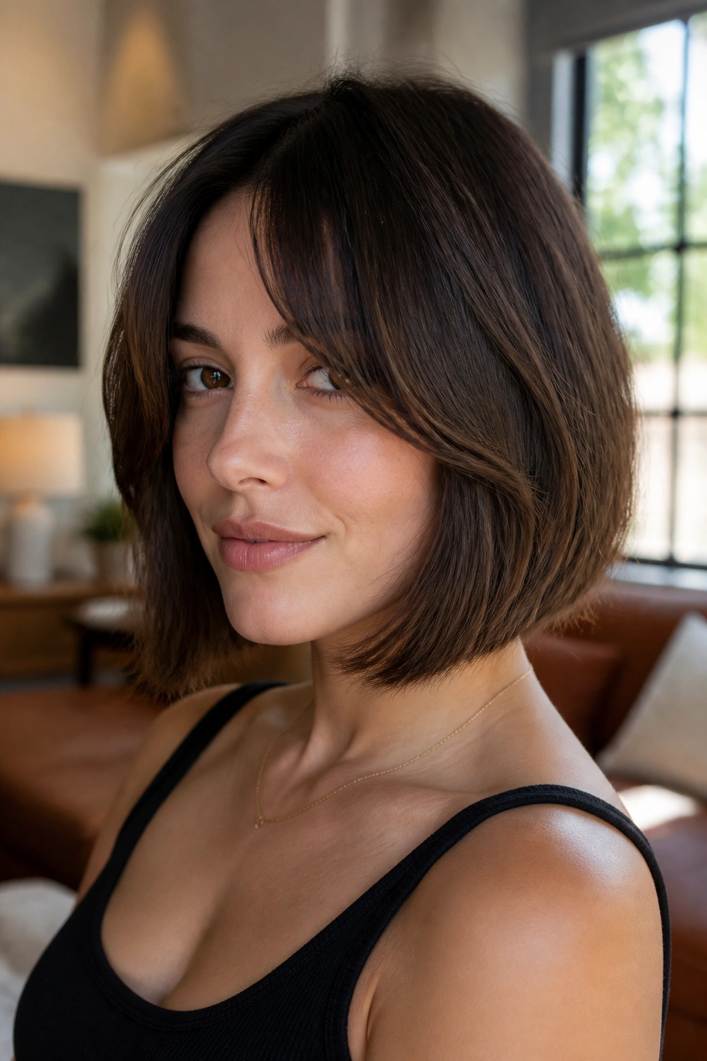 Real woman wearing chin-length curtain fringe framing the face