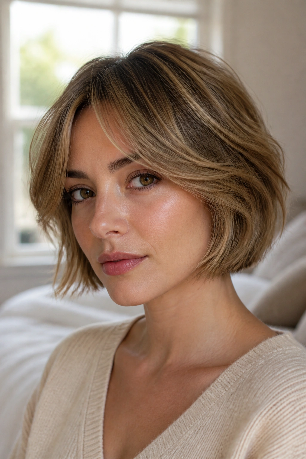 Close-up portrait of a real woman with a chin-length feathered bob for fine hair in warm window light