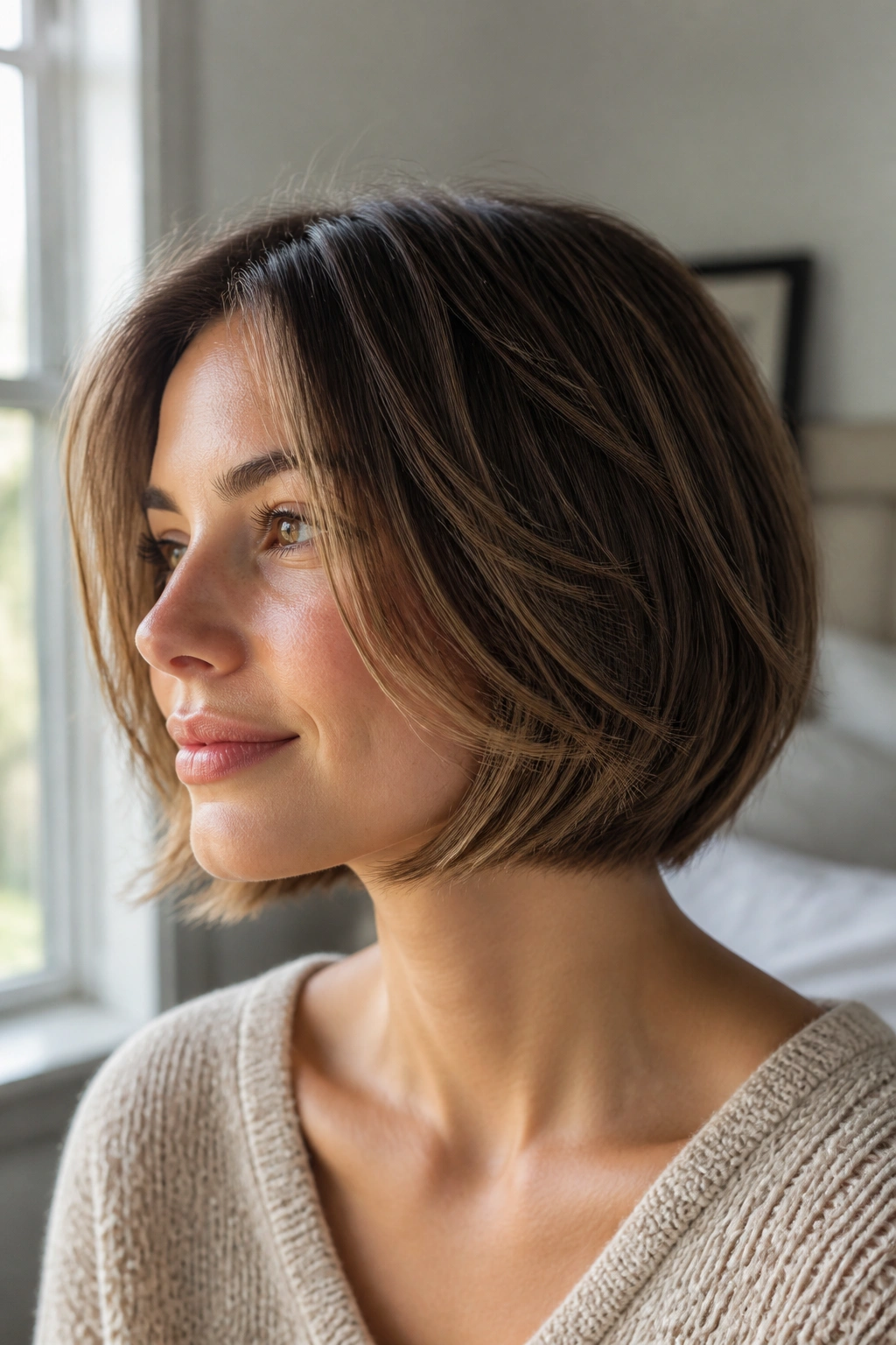 Close-up portrait of a woman with chin-length feathered bob and soft ends by a sunlit window