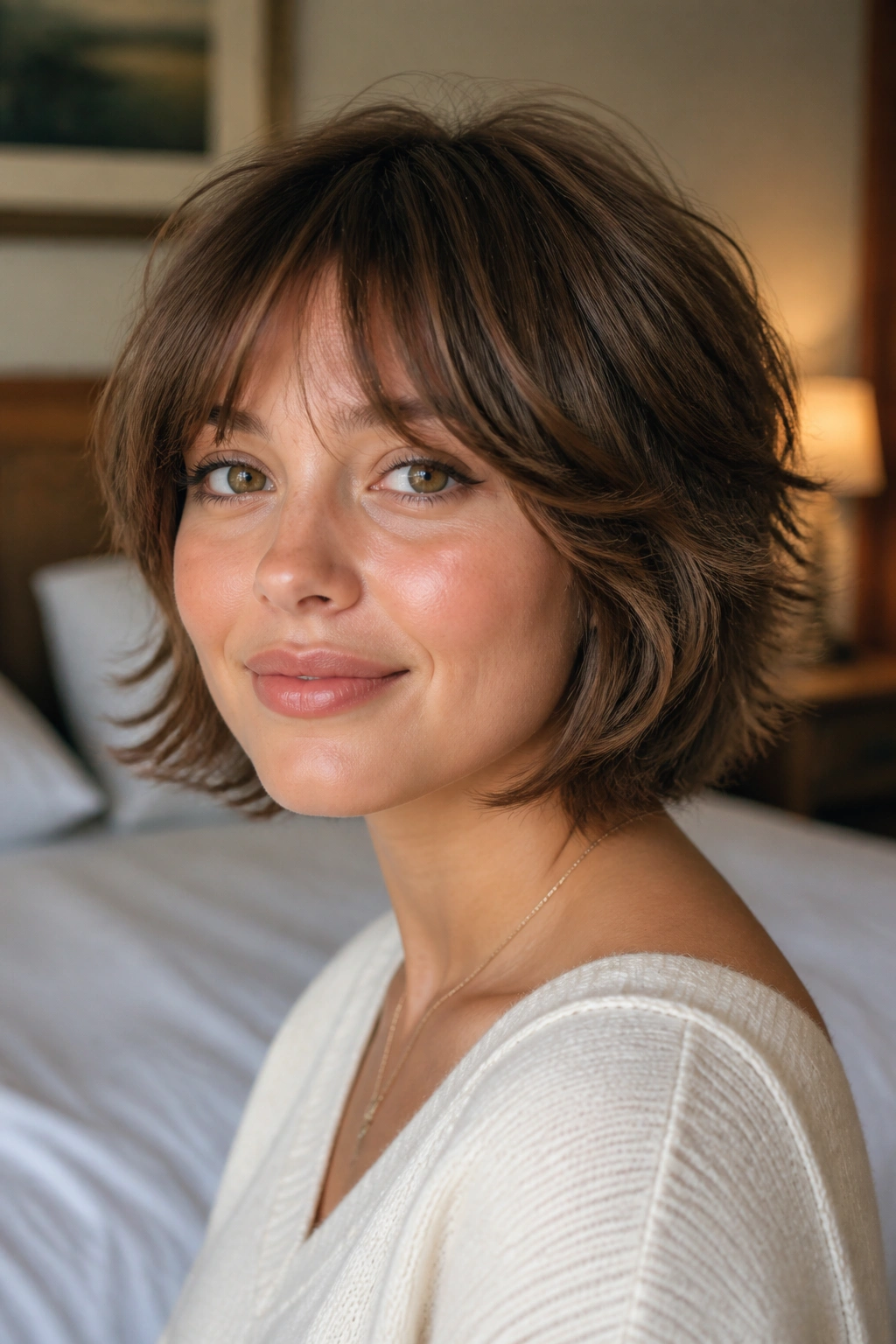 Close-up portrait of a real woman with a chin-length feathered shag for a round face, natural window light.