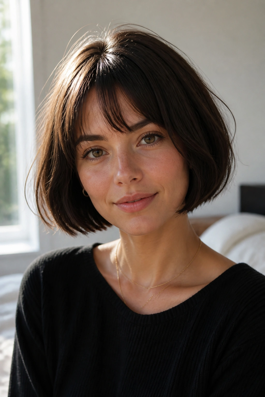 Close-up of a real woman with a chin-length French bob and soft fringe