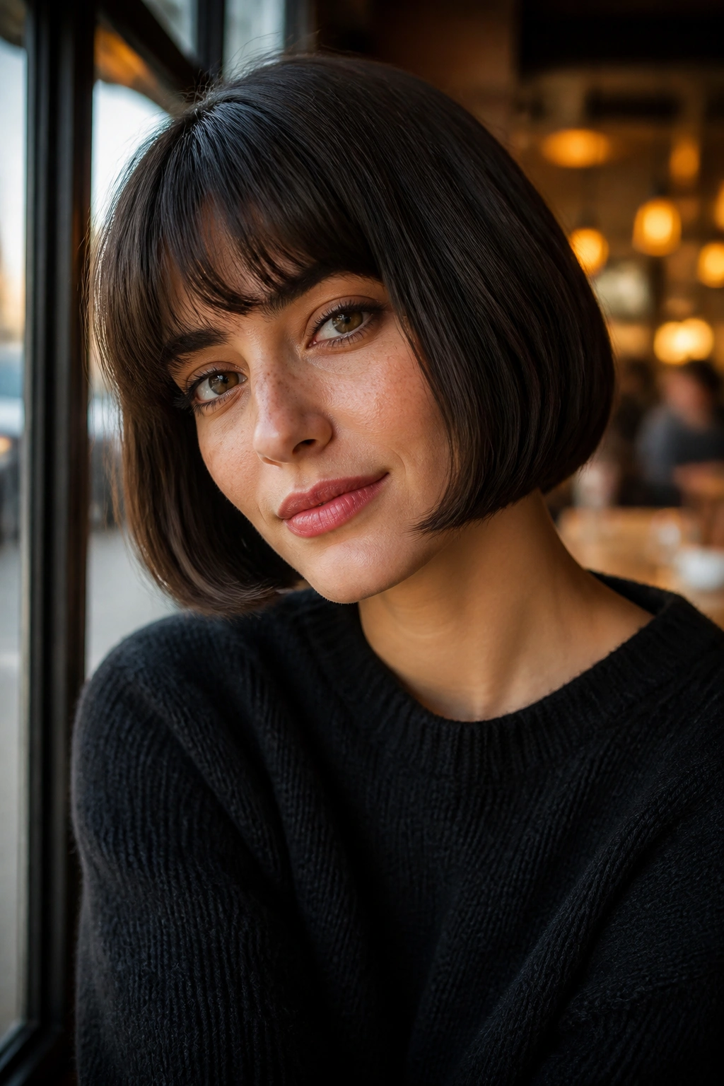 Close-up of a real woman wearing a chin-length French bob in cafe-style light.