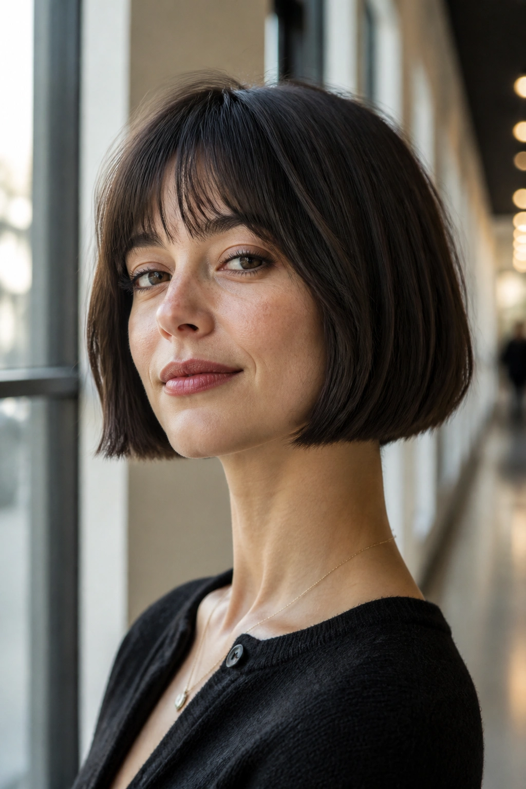 Close-up of a real woman with a chin-length French bob
