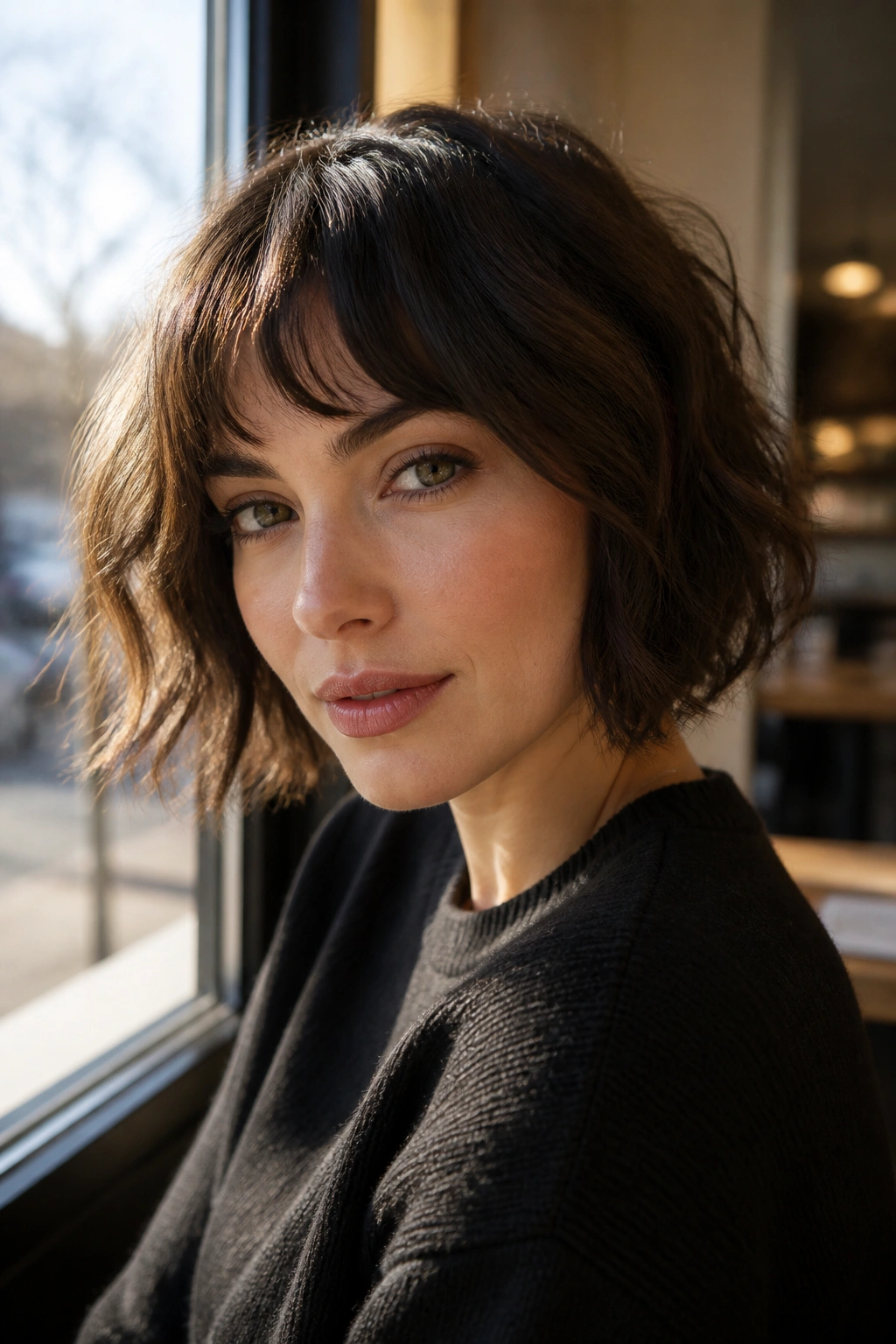 Close-up of a real woman with a chin-length French bob and broken texture