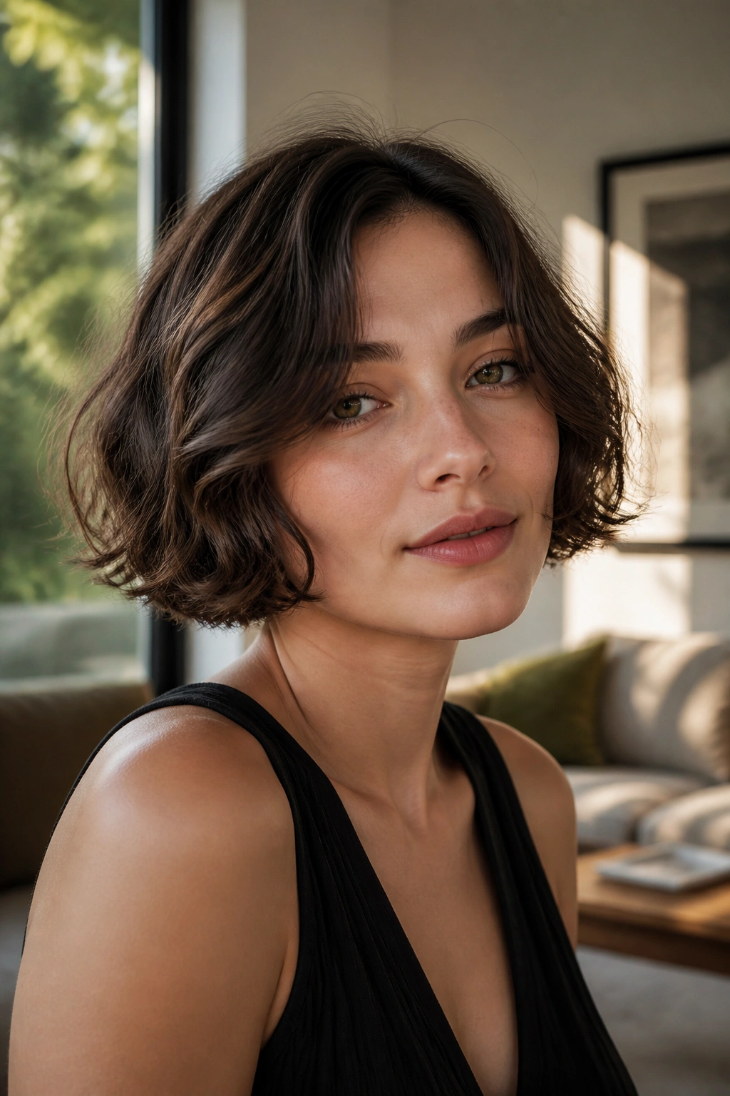 Close-up portrait of a real woman with a chin-length French bob and soft waves.