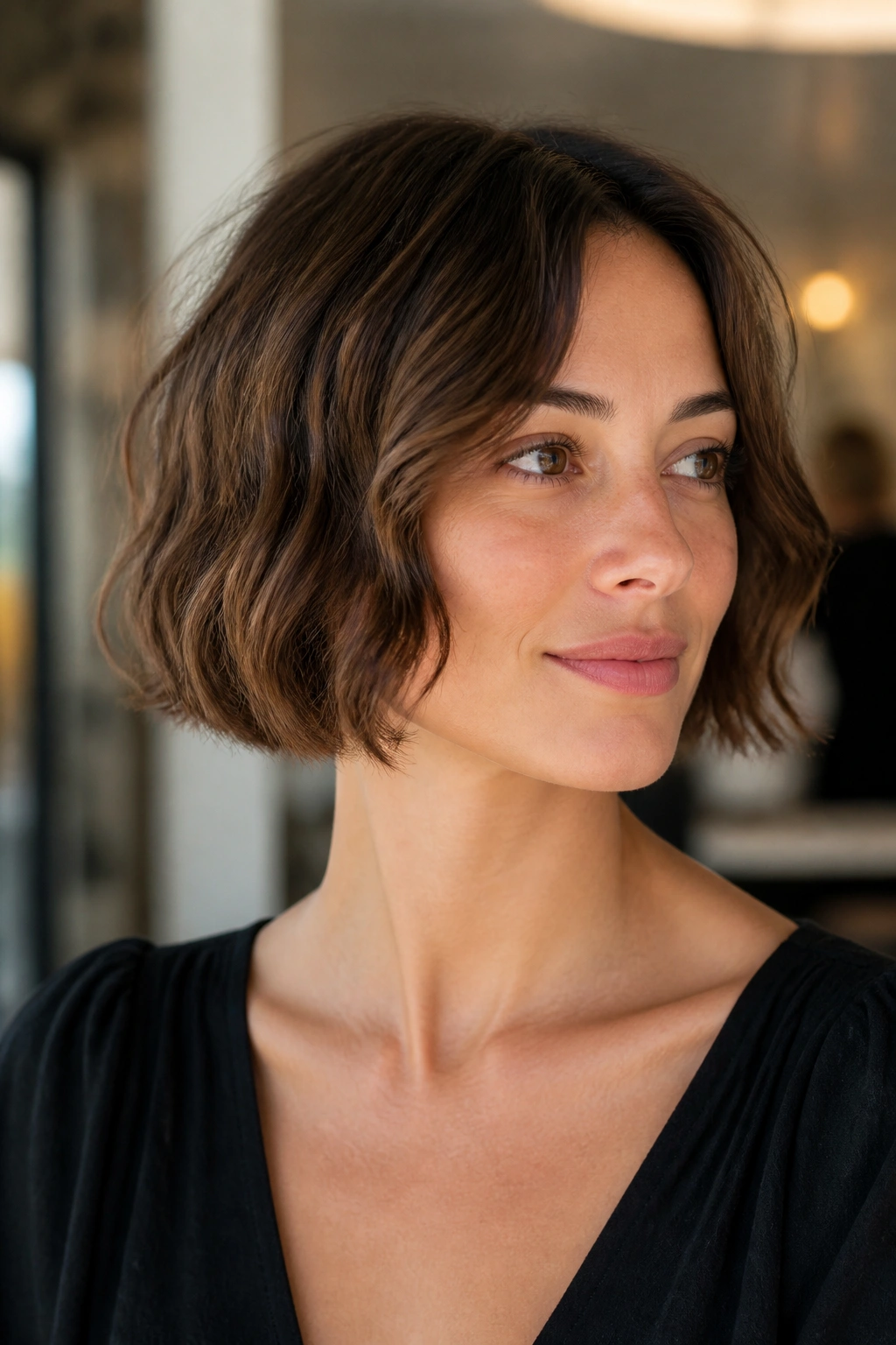 Portrait of a real woman with a chin-length French bob and soft waves.