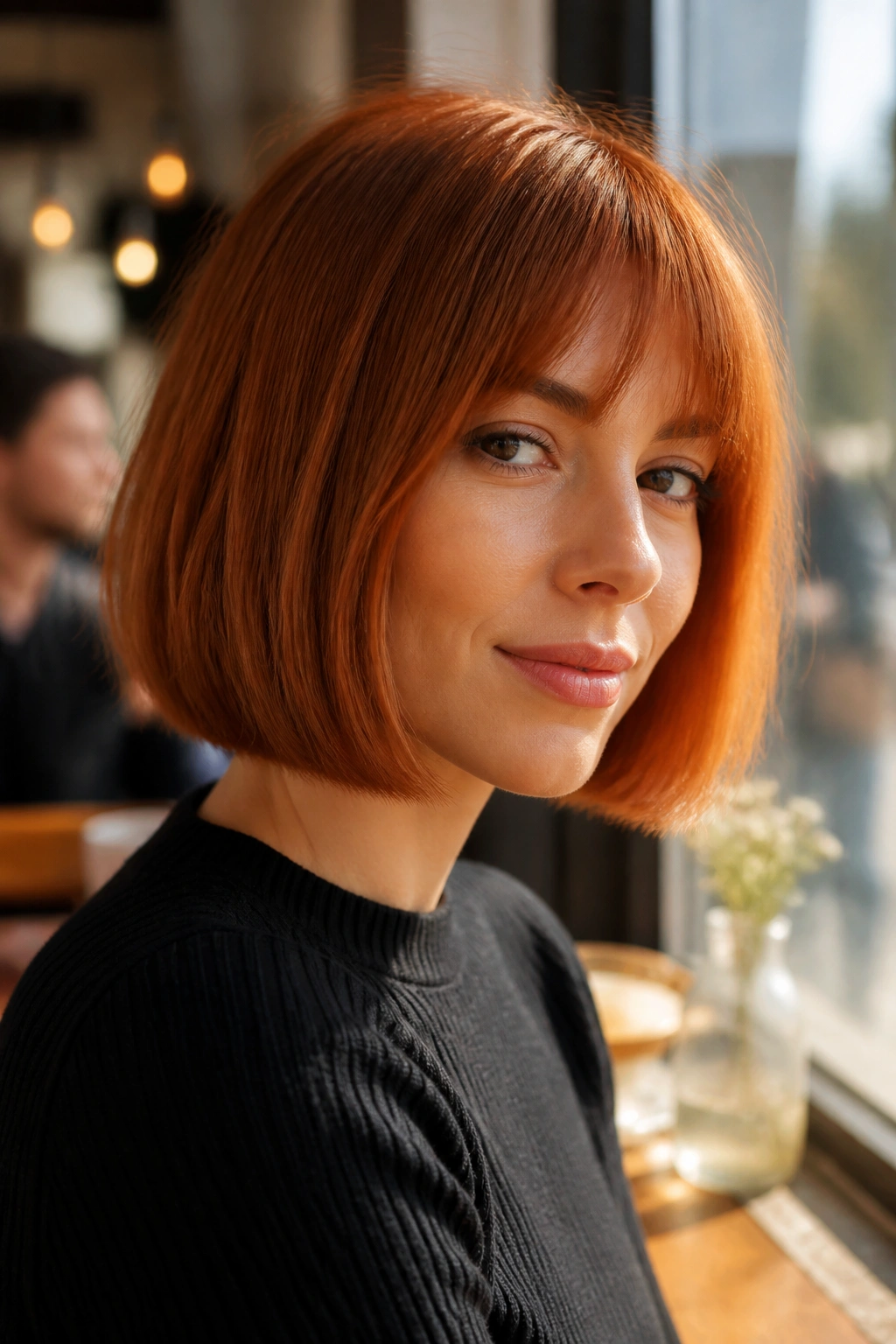 Close-up of a real woman with a chin-length French copper bob, neat blunt line