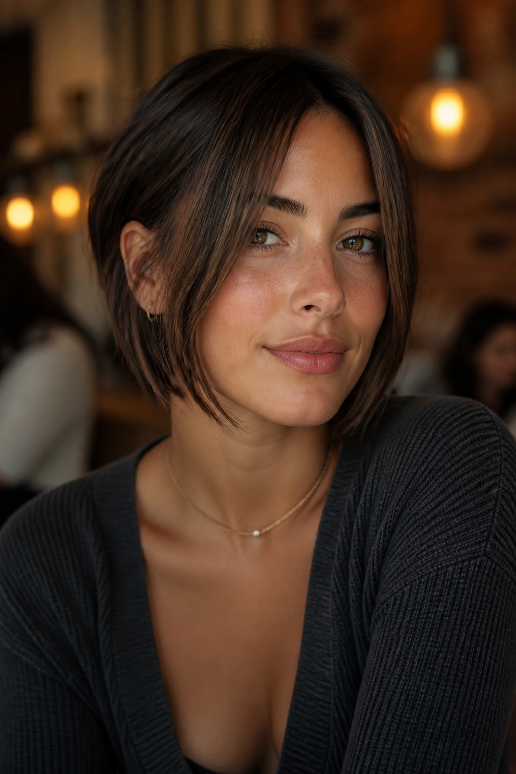 Close-up of a real woman with chin-length front pieces acting like bangs in warm cafe light