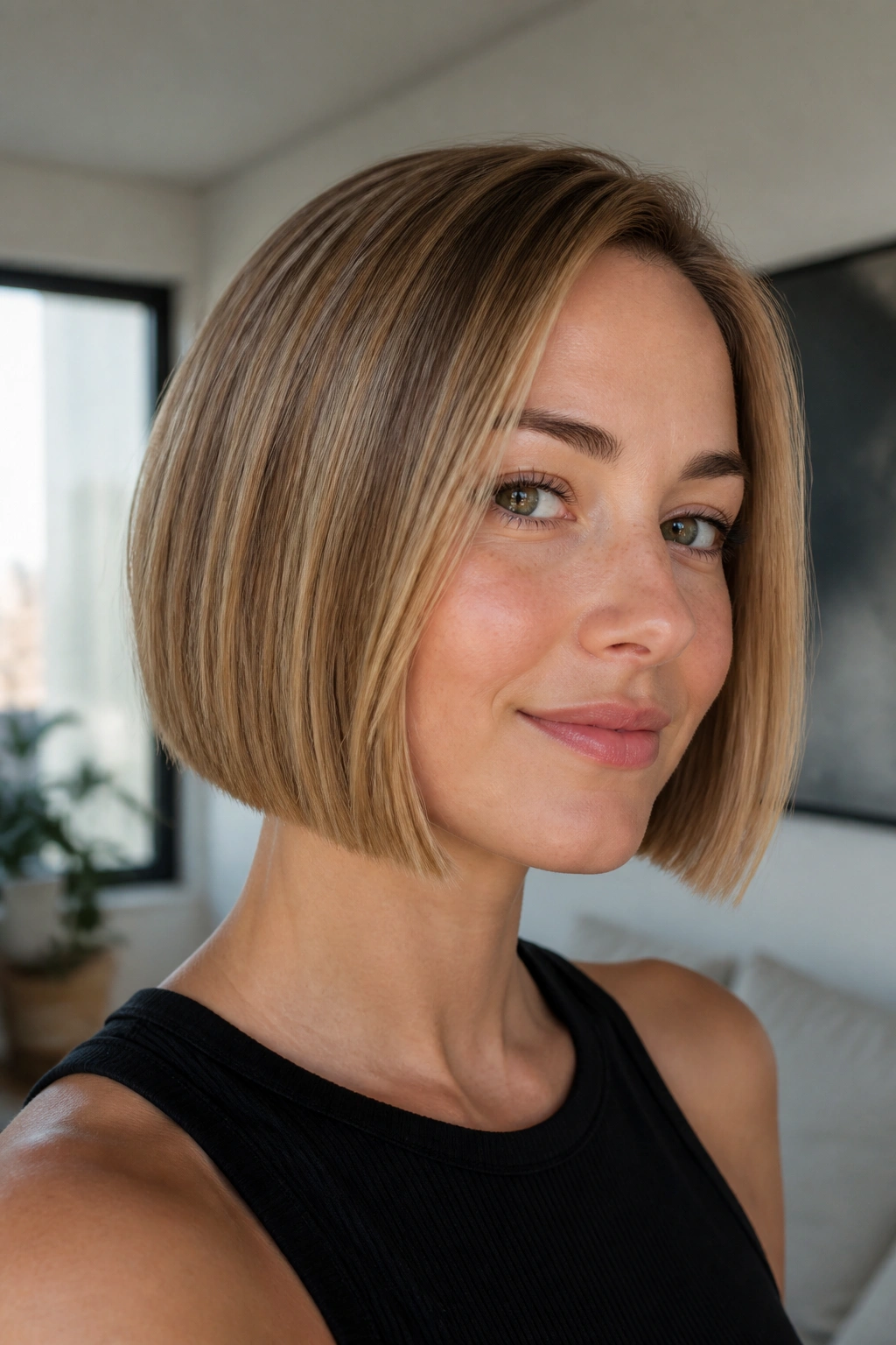 Real woman with chin-length inverted bob and blunt ends in bright daylight.