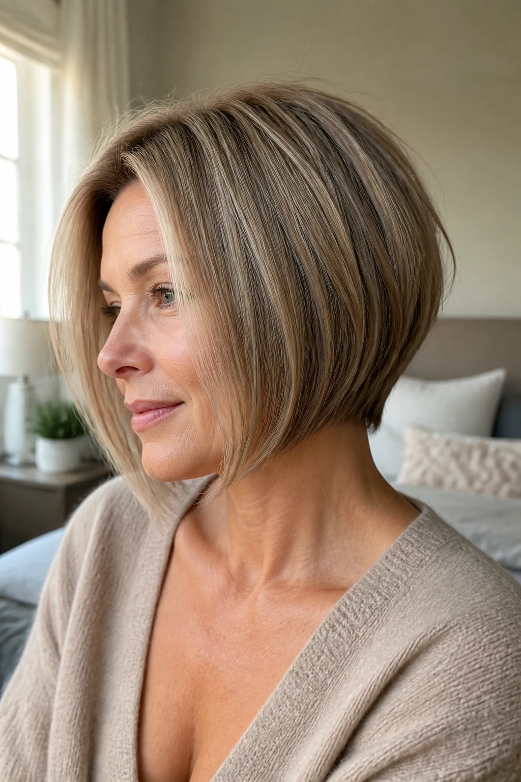 Close-up of a real woman with a chin-length inverted bob showing a soft stack at the nape and chin-grazing front.