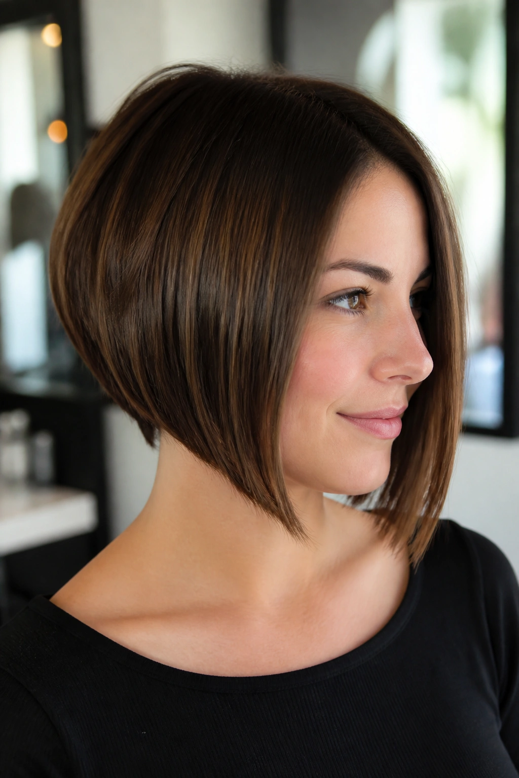 Portrait of a real woman with a chin-length inverted bob and longer front line.