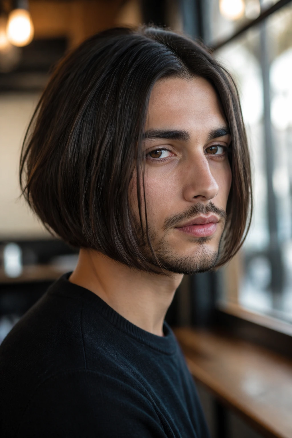 Real man with chin-length inverted bob, front skimming the chin.