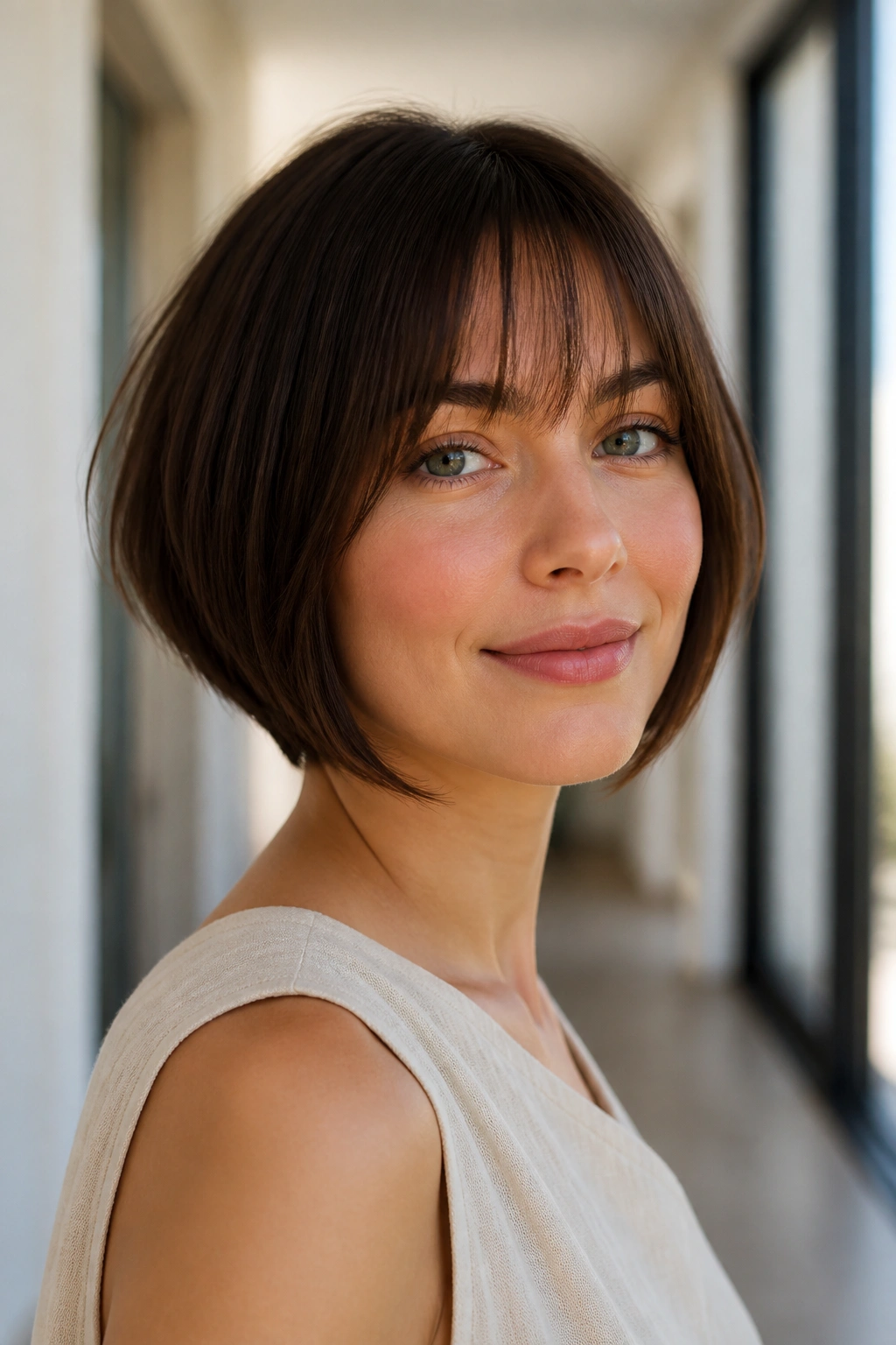 Close-up of a real woman with chin-length inverted bob and light fringe