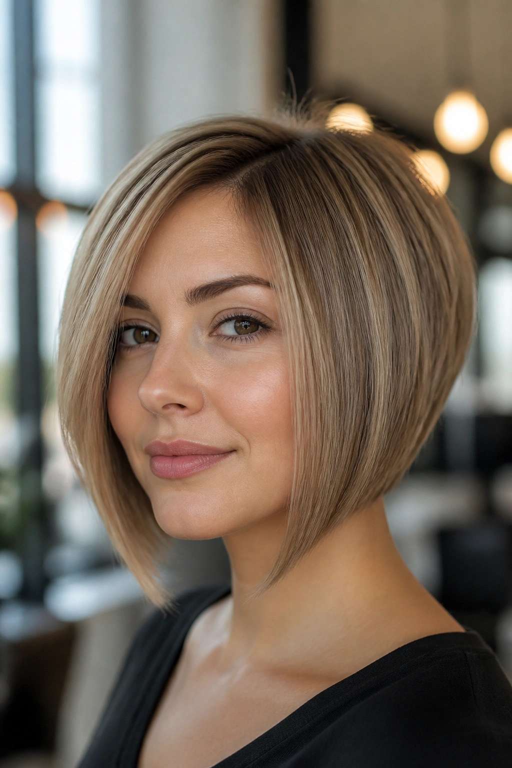 Close-up of a real woman wearing a chin-length stacked inverted bob on a round face