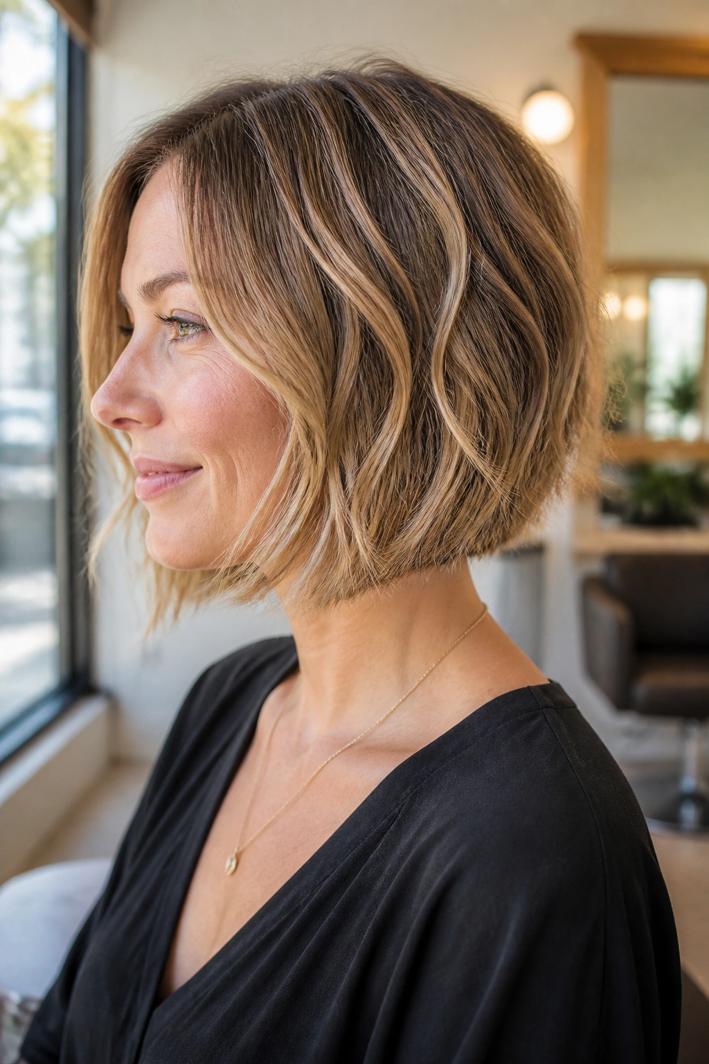 Close-up portrait of a real woman with chin-length inverted bob and soft waves